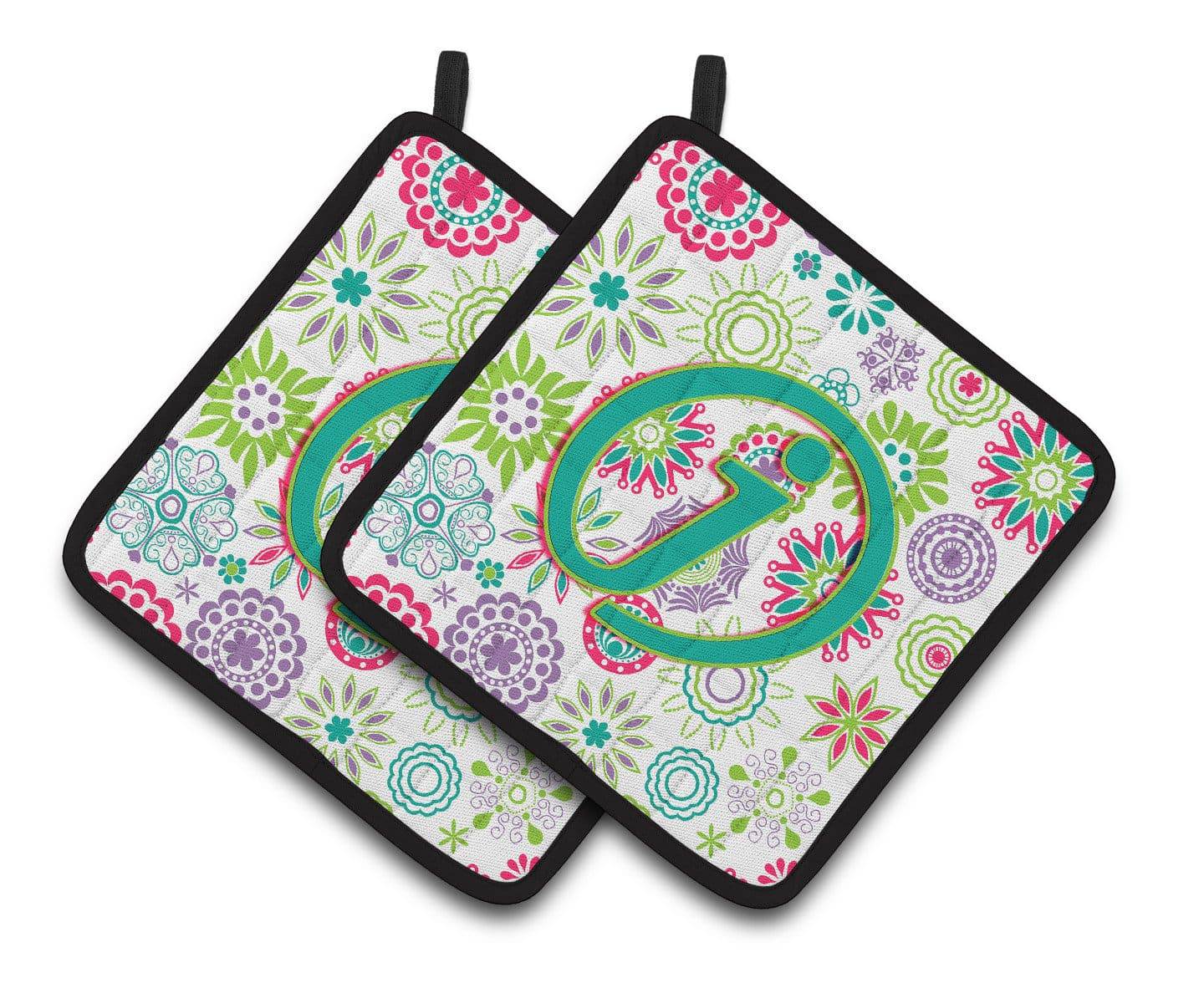 Letter J Flowers Pink Teal Green Initial Pair of Pot Holders CJ2011-JPTHD - the-store.com