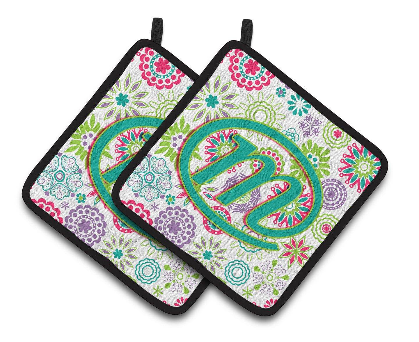 Letter M Flowers Pink Teal Green Initial Pair of Pot Holders CJ2011-MPTHD - the-store.com