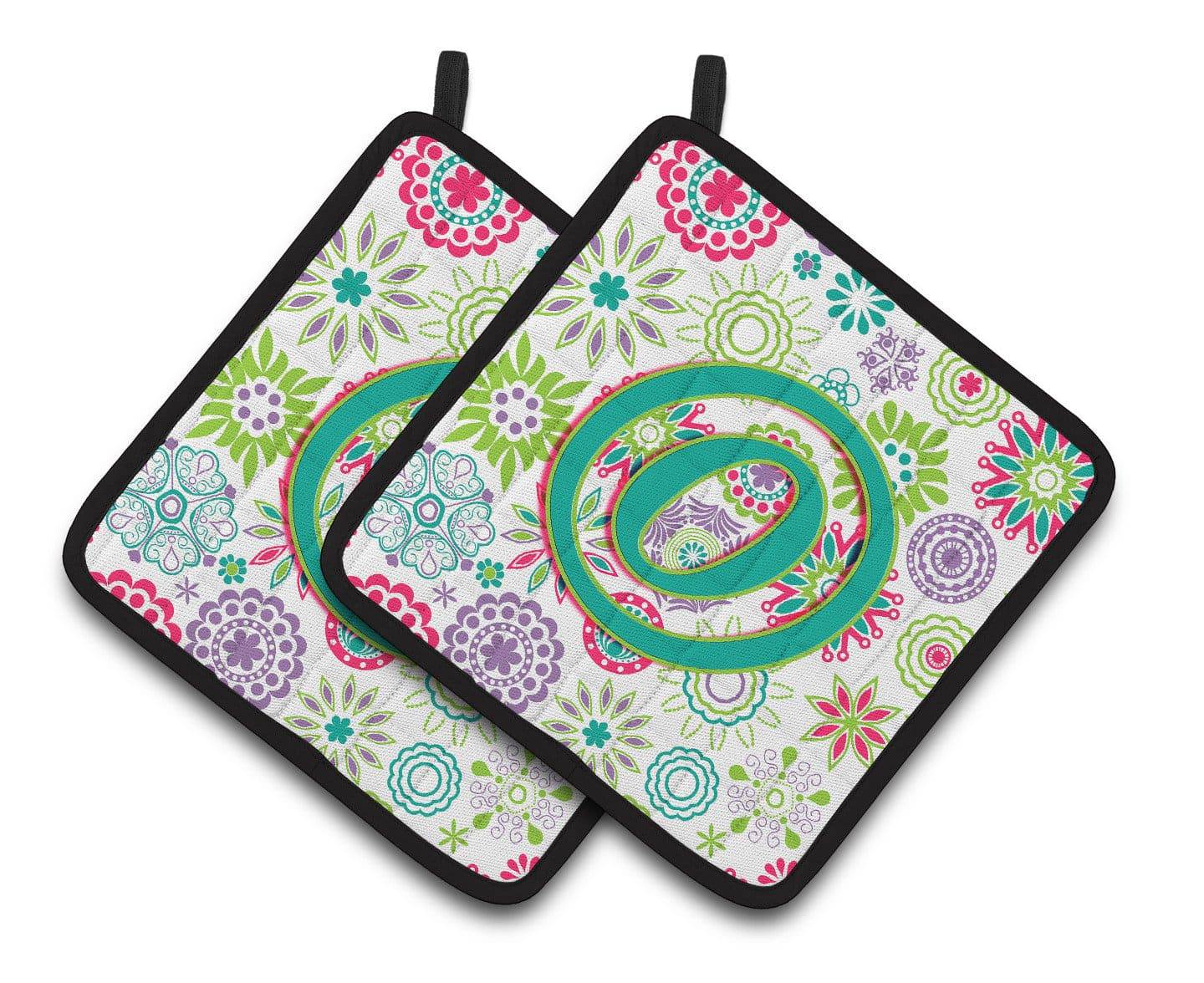 Letter O Flowers Pink Teal Green Initial Pair of Pot Holders CJ2011-OPTHD - the-store.com