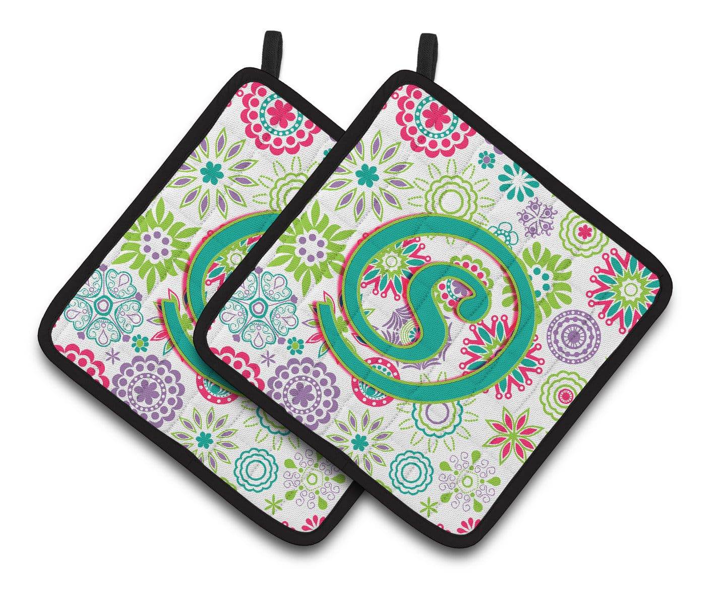 Letter S Flowers Pink Teal Green Initial Pair of Pot Holders CJ2011-SPTHD - the-store.com
