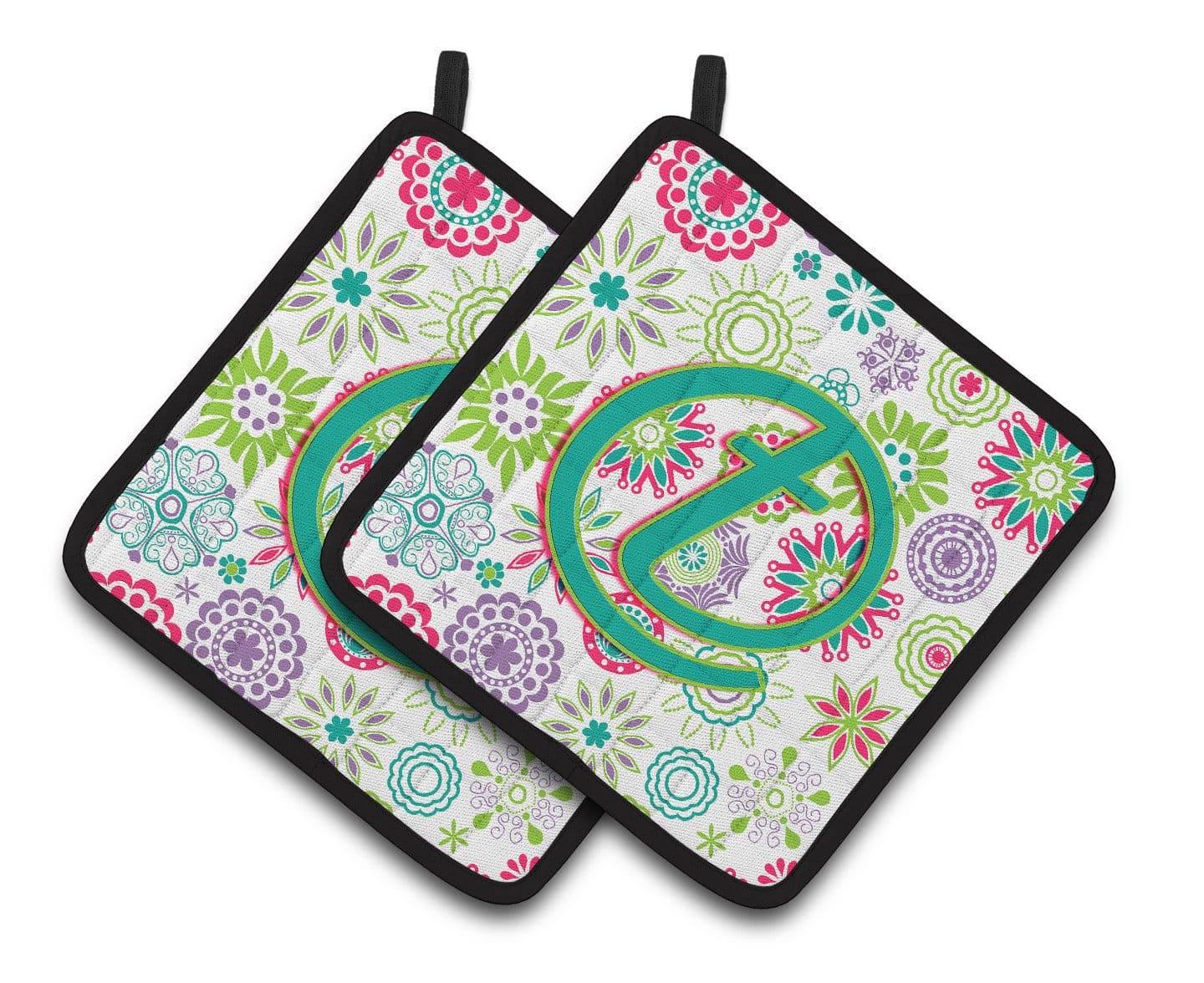 Letter T Flowers Pink Teal Green Initial Pair of Pot Holders CJ2011-TPTHD - the-store.com