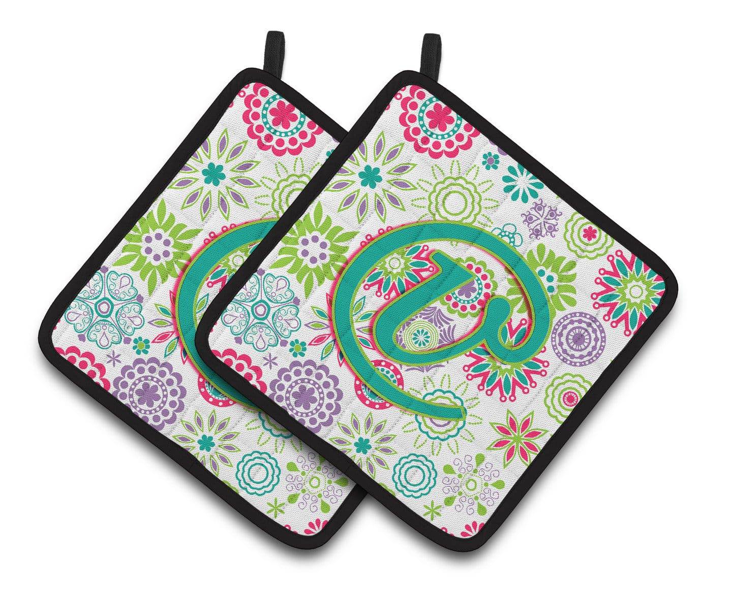 Letter V Flowers Pink Teal Green Initial Pair of Pot Holders CJ2011-VPTHD - the-store.com