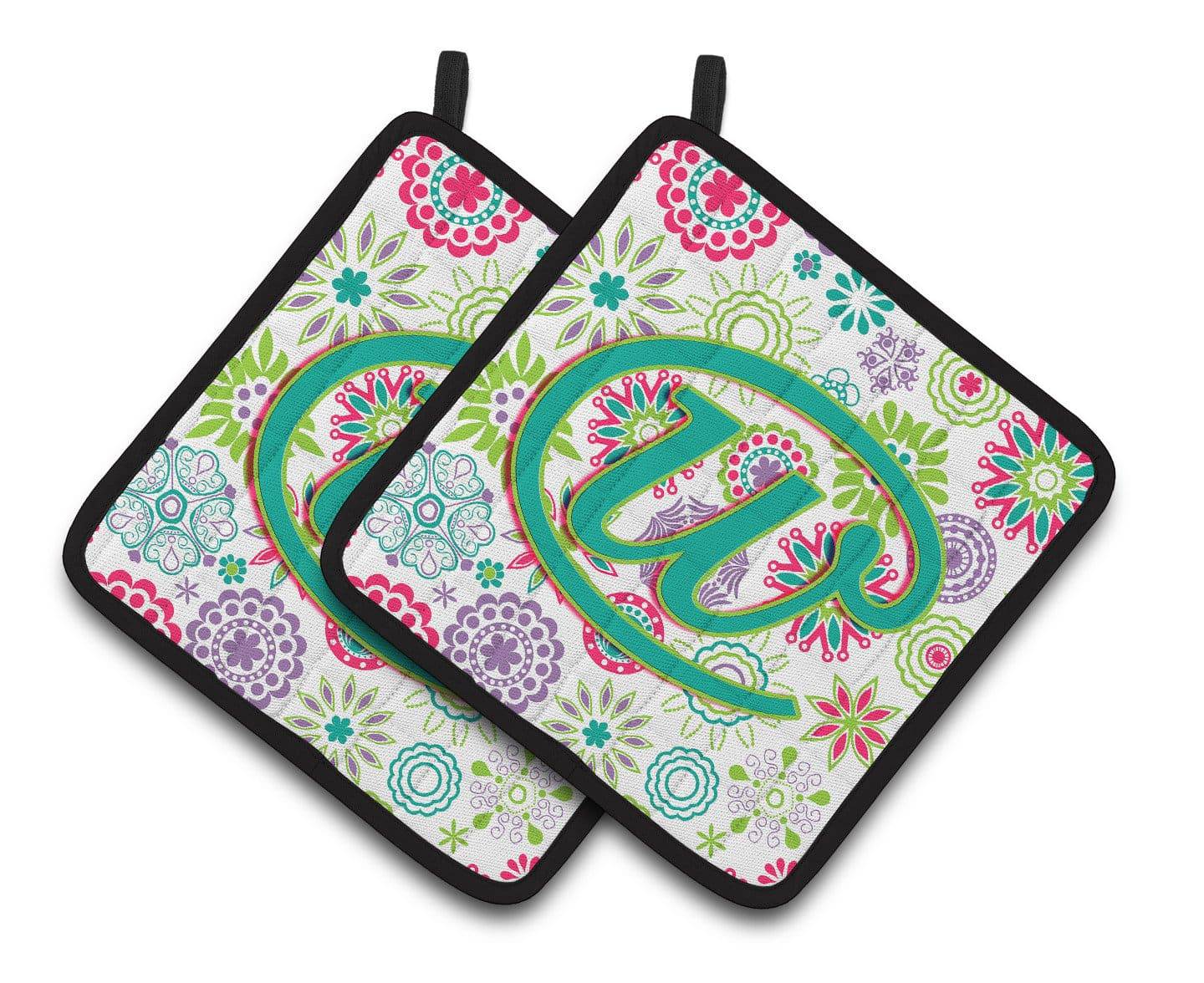 Letter W Flowers Pink Teal Green Initial Pair of Pot Holders CJ2011-WPTHD - the-store.com
