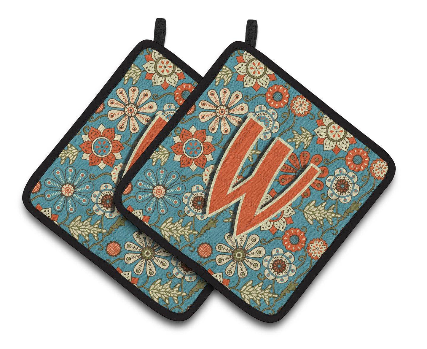 Letter W Flowers Retro Blue Pair of Pot Holders CJ2012-WPTHD - the-store.com