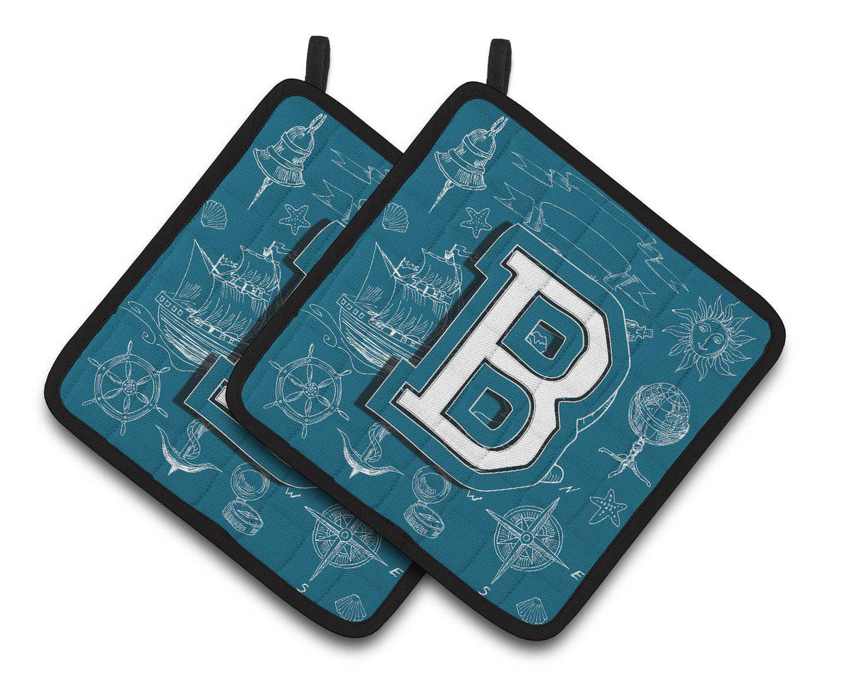 Letter B Sea Doodles Initial Alphabet Pair of Pot Holders CJ2014-BPTHD - the-store.com