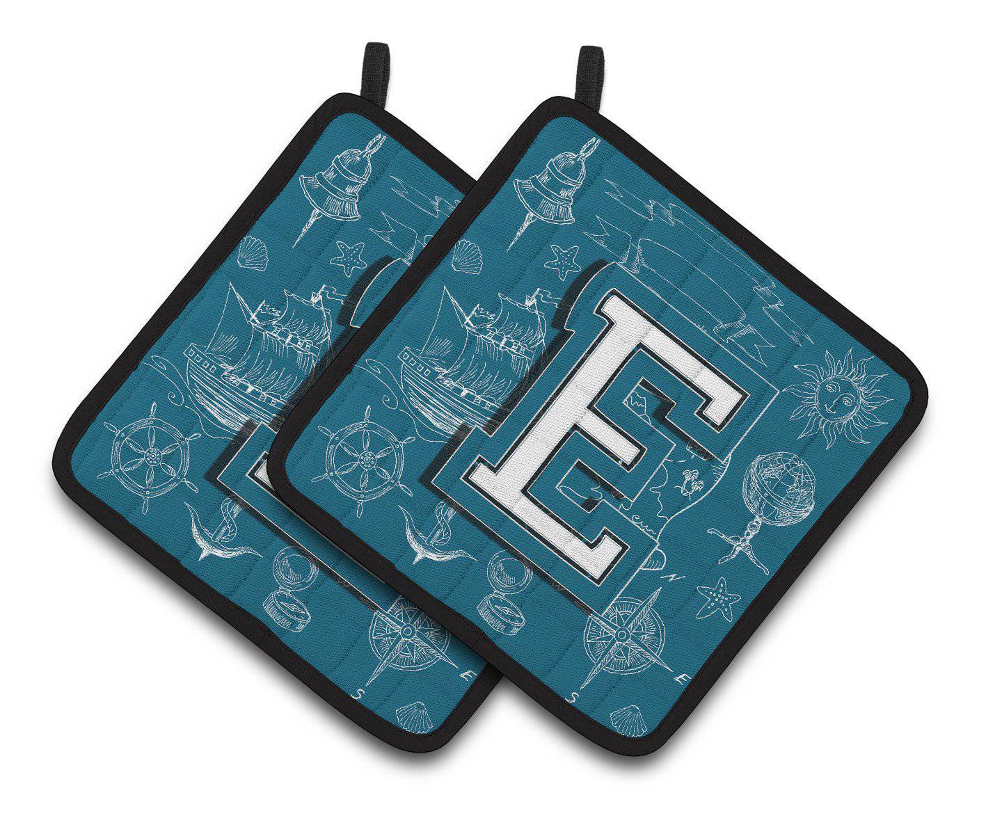 Letter E Sea Doodles Initial Alphabet Pair of Pot Holders CJ2014-EPTHD - the-store.com
