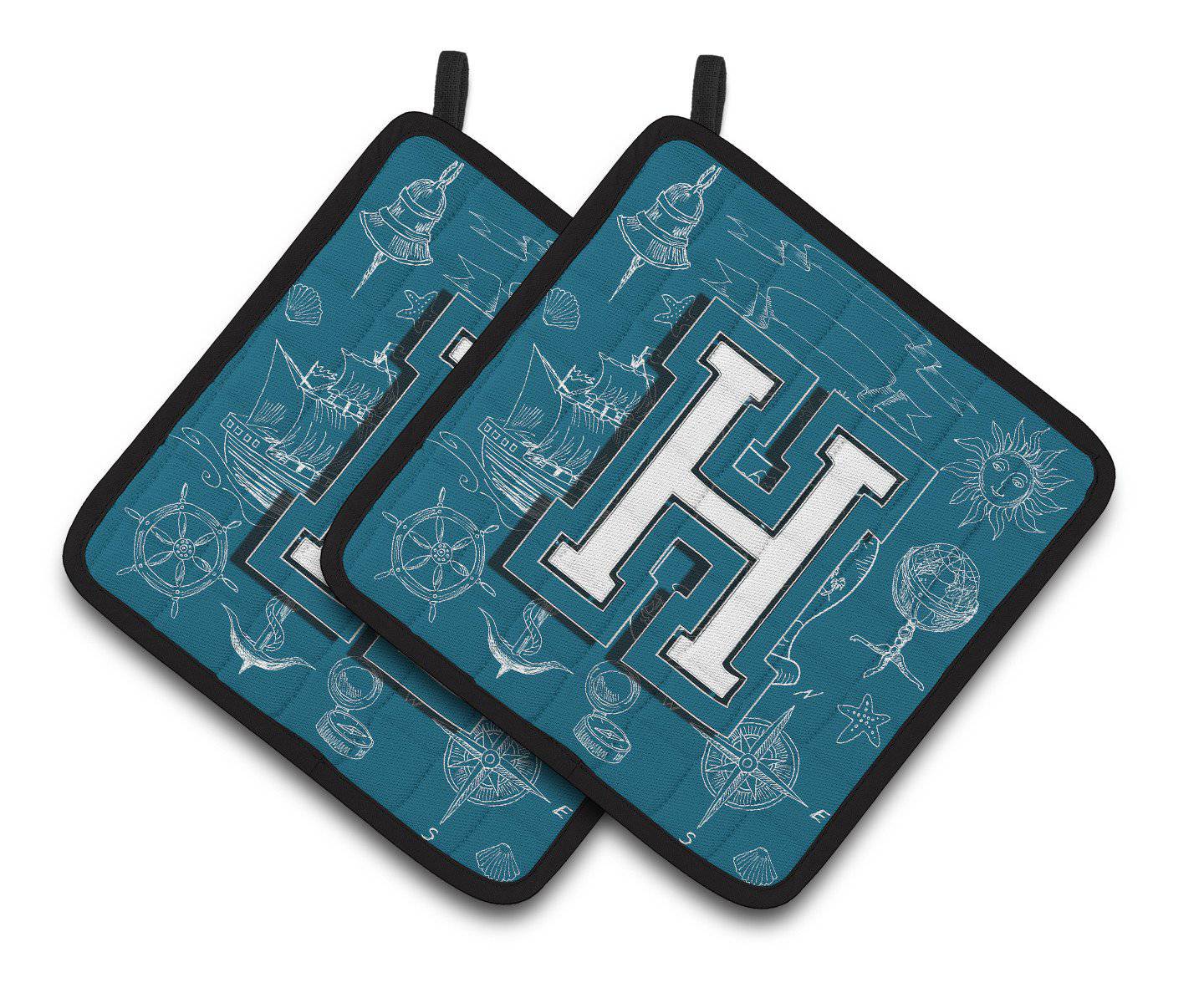 Letter H Sea Doodles Initial Alphabet Pair of Pot Holders CJ2014-HPTHD - the-store.com