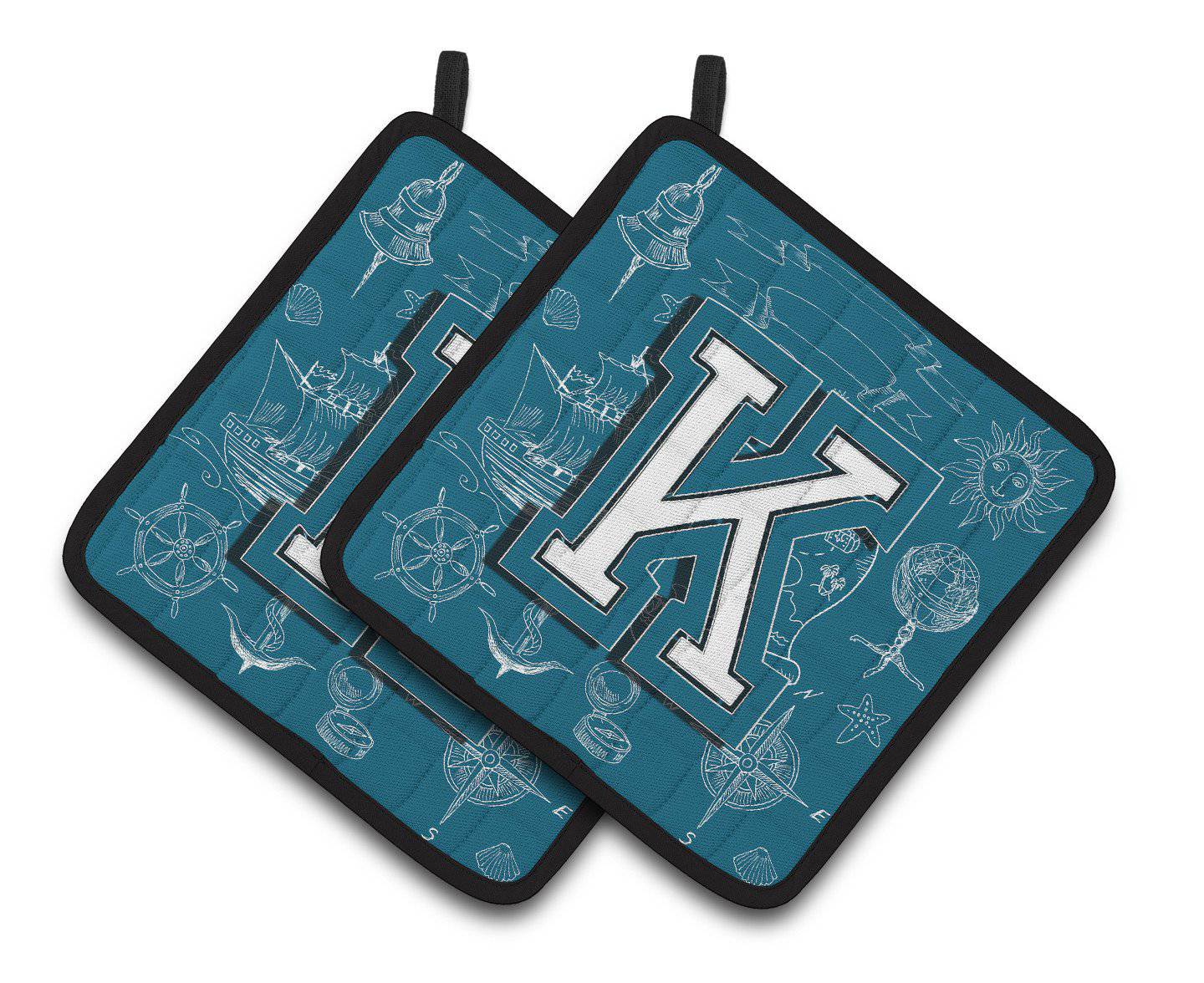 Letter K Sea Doodles Initial Alphabet Pair of Pot Holders CJ2014-KPTHD - the-store.com