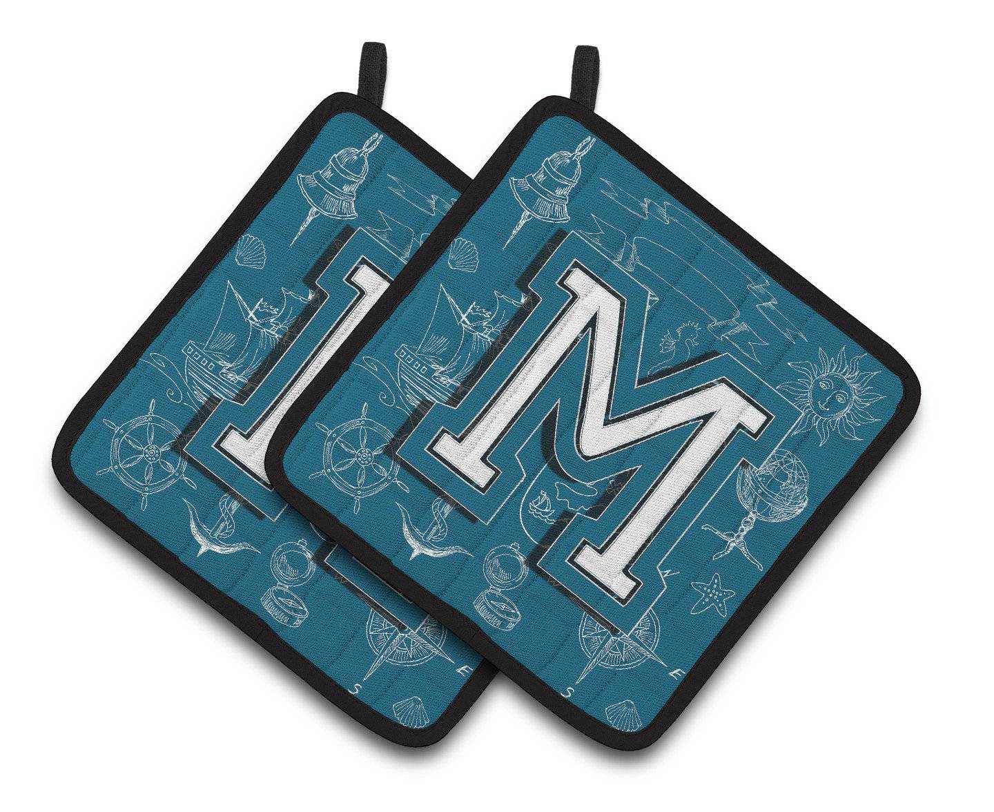 Letter M Sea Doodles Initial Alphabet Pair of Pot Holders CJ2014-MPTHD - the-store.com