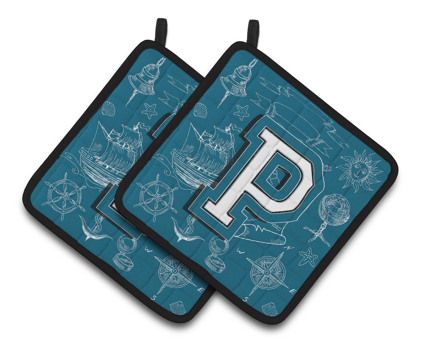 Letter P Sea Doodles Initial Alphabet Pair of Pot Holders CJ2014-PPTHD - the-store.com