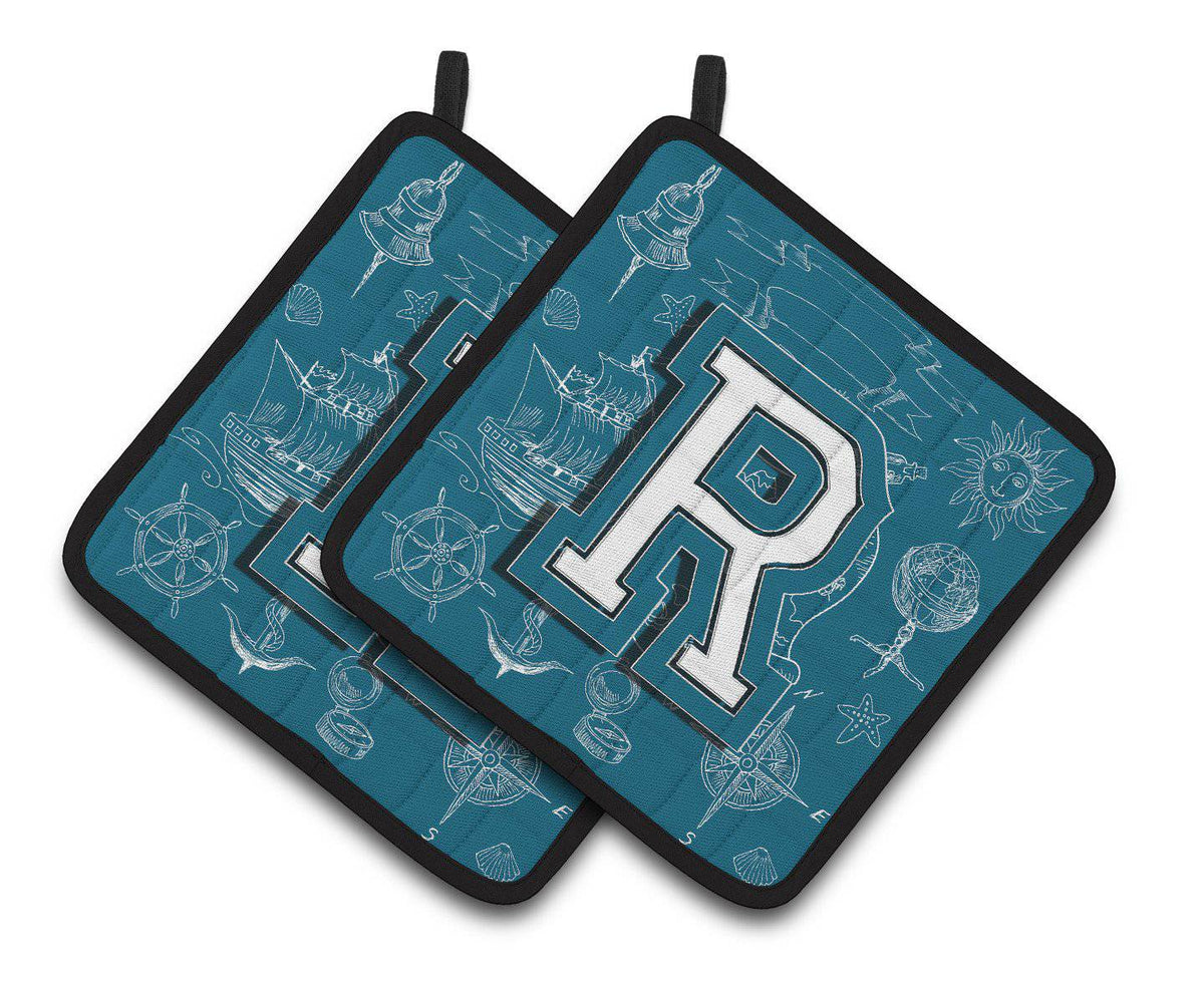 Letter R Sea Doodles Initial Alphabet Pair of Pot Holders CJ2014-RPTHD - the-store.com