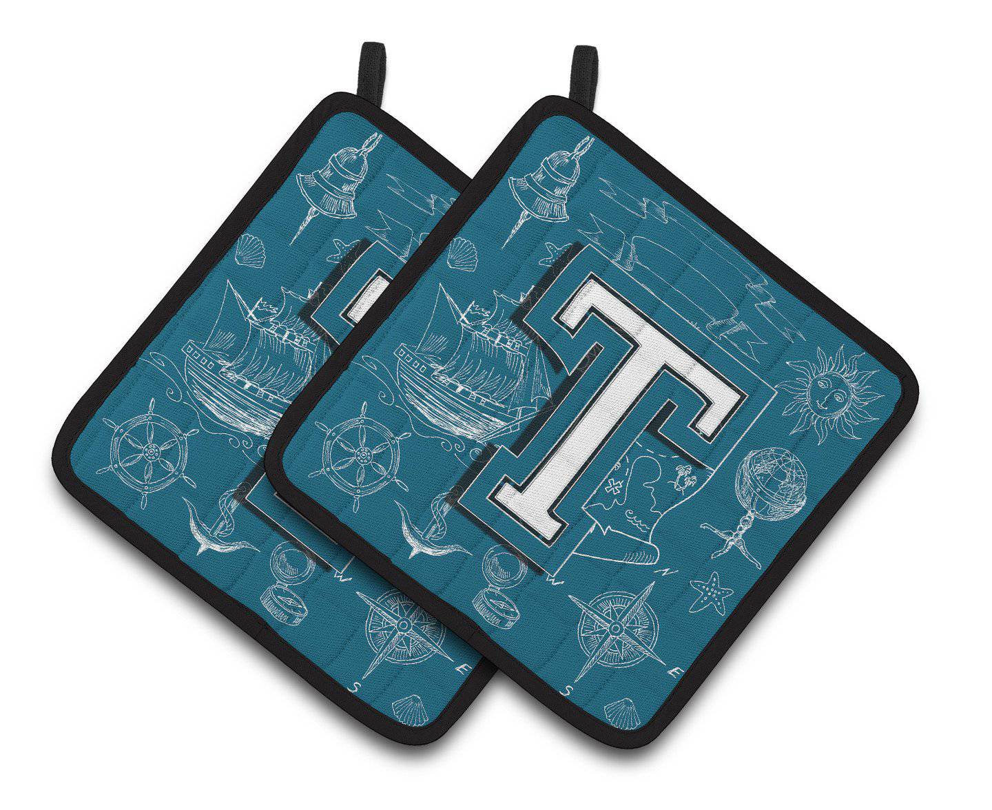 Letter T Sea Doodles Initial Alphabet Pair of Pot Holders CJ2014-TPTHD - the-store.com