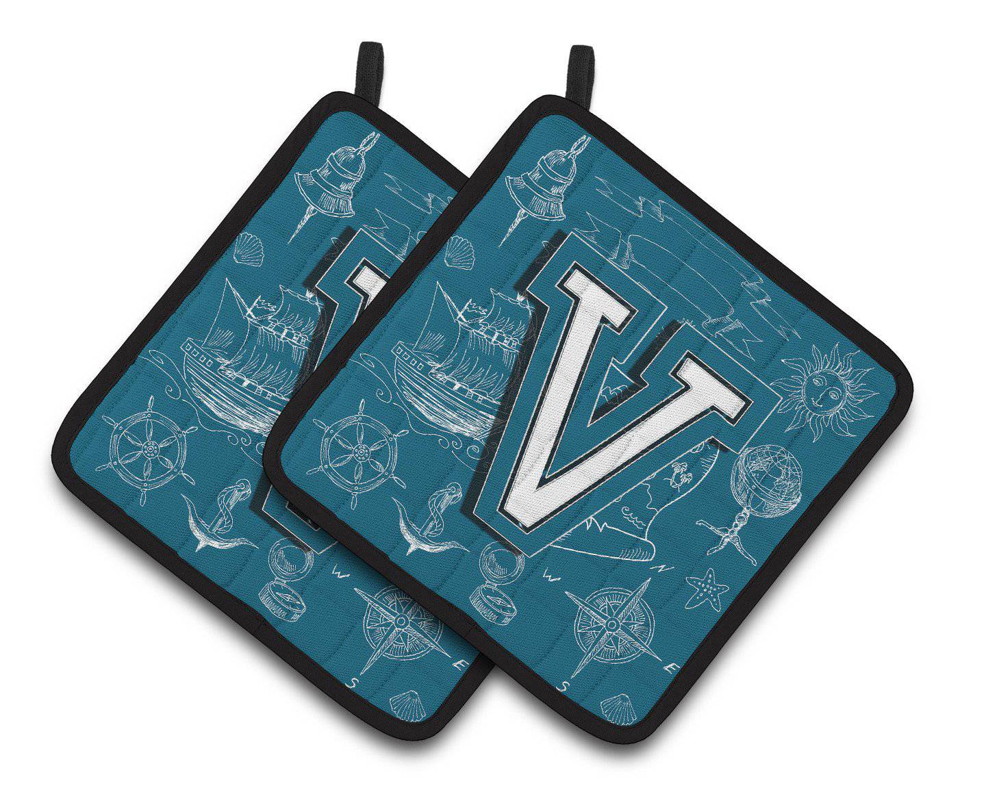 Letter V Sea Doodles Initial Alphabet Pair of Pot Holders CJ2014-VPTHD - the-store.com