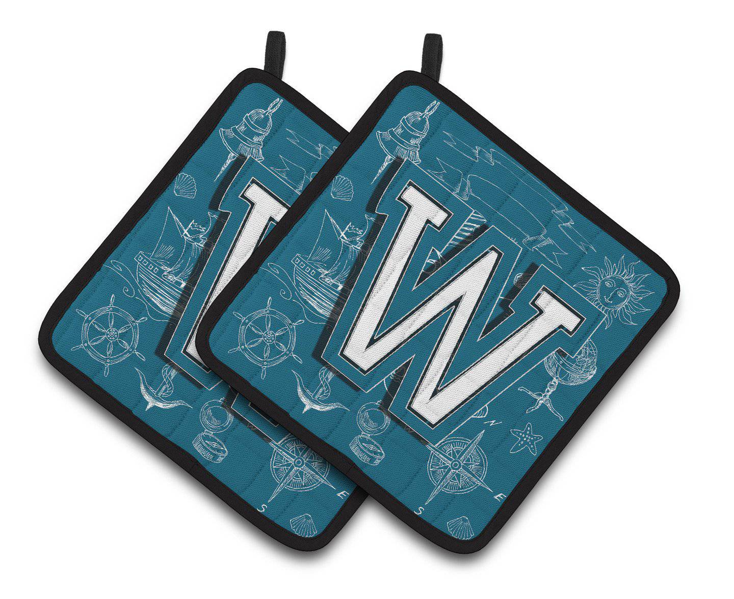 Letter W Sea Doodles Initial Alphabet Pair of Pot Holders CJ2014-WPTHD - the-store.com