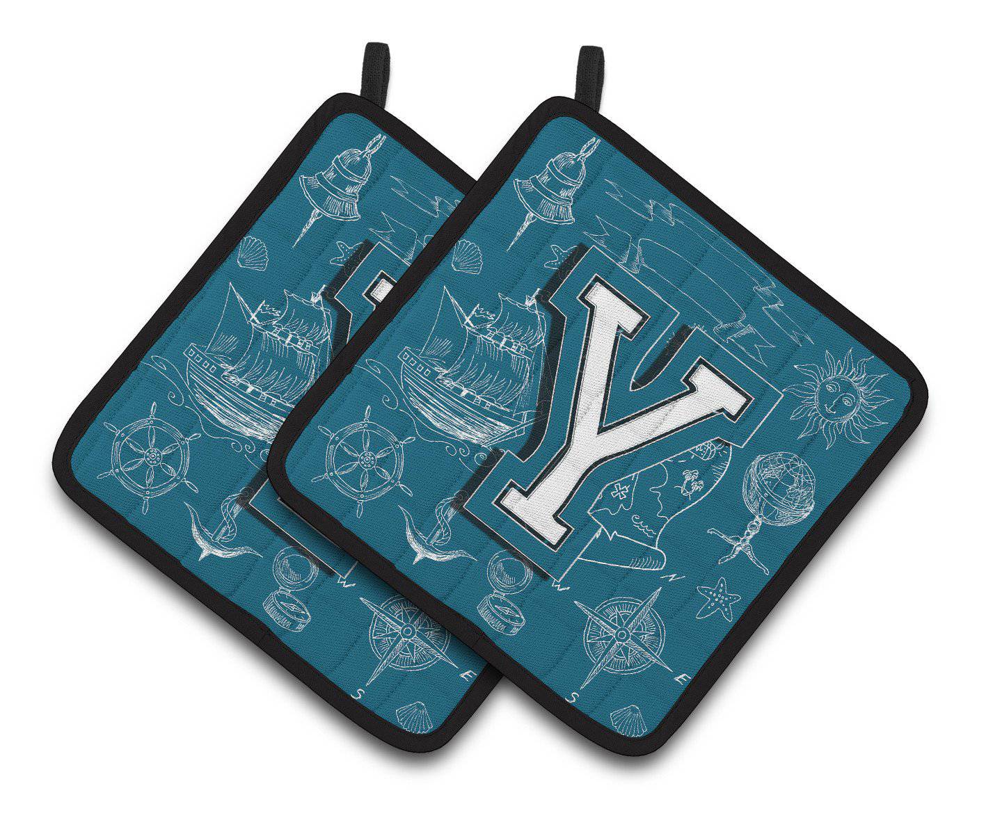 Letter Y Sea Doodles Initial Alphabet Pair of Pot Holders CJ2014-YPTHD - the-store.com