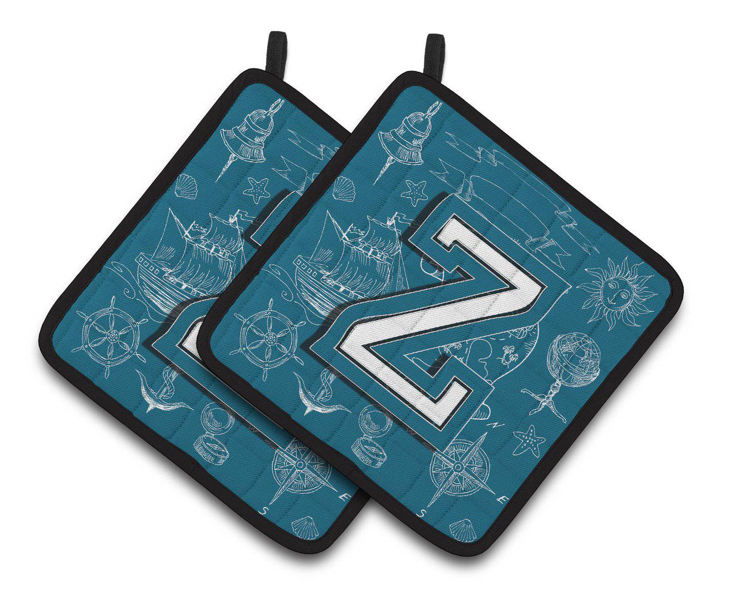 Letter Z Sea Doodles Initial Alphabet Pair of Pot Holders CJ2014-ZPTHD - the-store.com