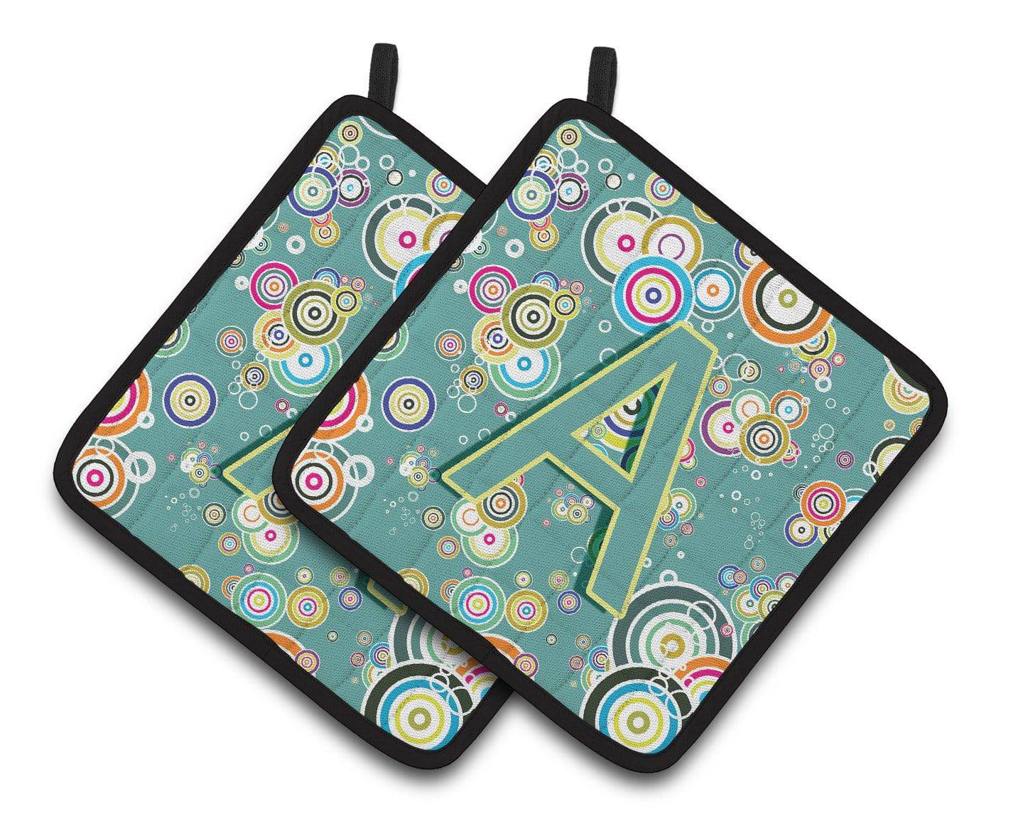 Letter A Circle Circle Teal Initial Alphabet Pair of Pot Holders CJ2015-APTHD - the-store.com