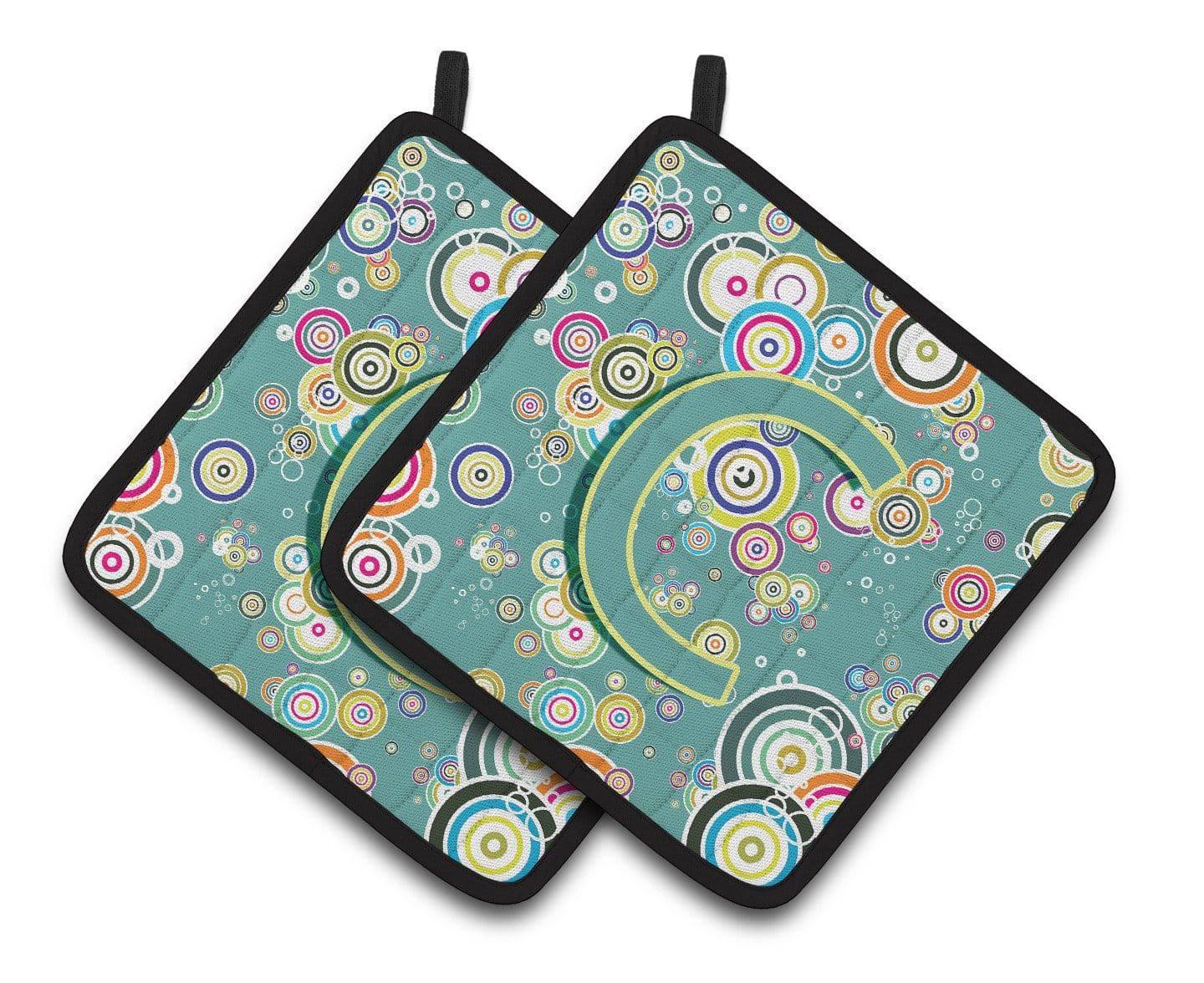 Letter C Circle Circle Teal Initial Alphabet Pair of Pot Holders CJ2015-CPTHD - the-store.com