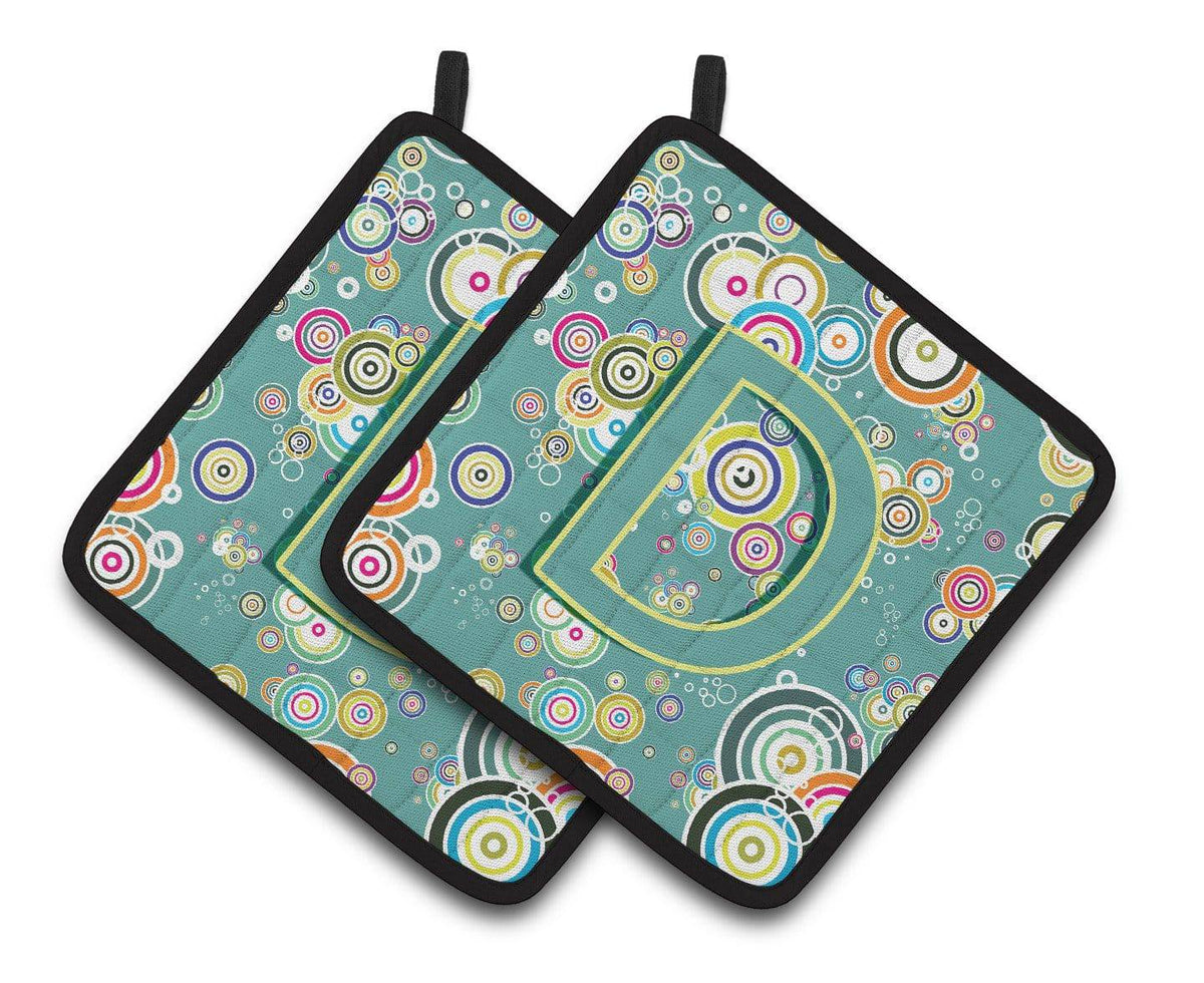 Letter D Circle Circle Teal Initial Alphabet Pair of Pot Holders CJ2015-DPTHD - the-store.com