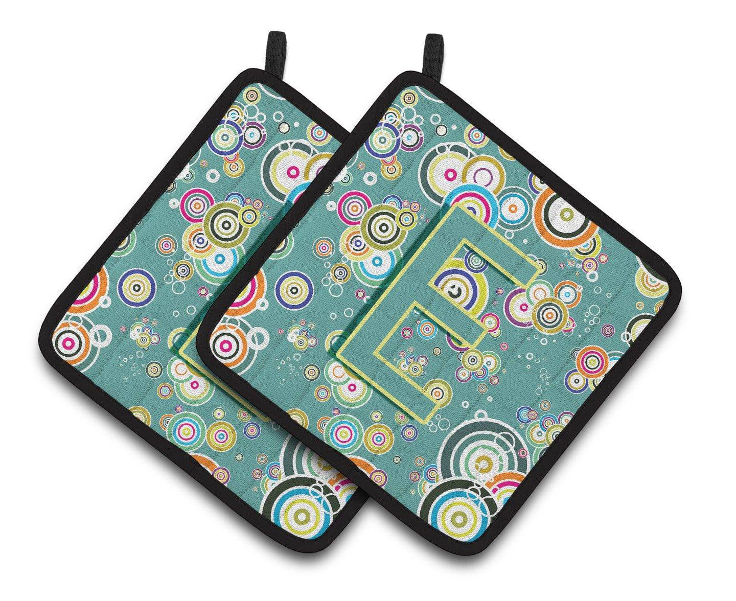 Letter E Circle Circle Teal Initial Alphabet Pair of Pot Holders CJ2015-EPTHD - the-store.com