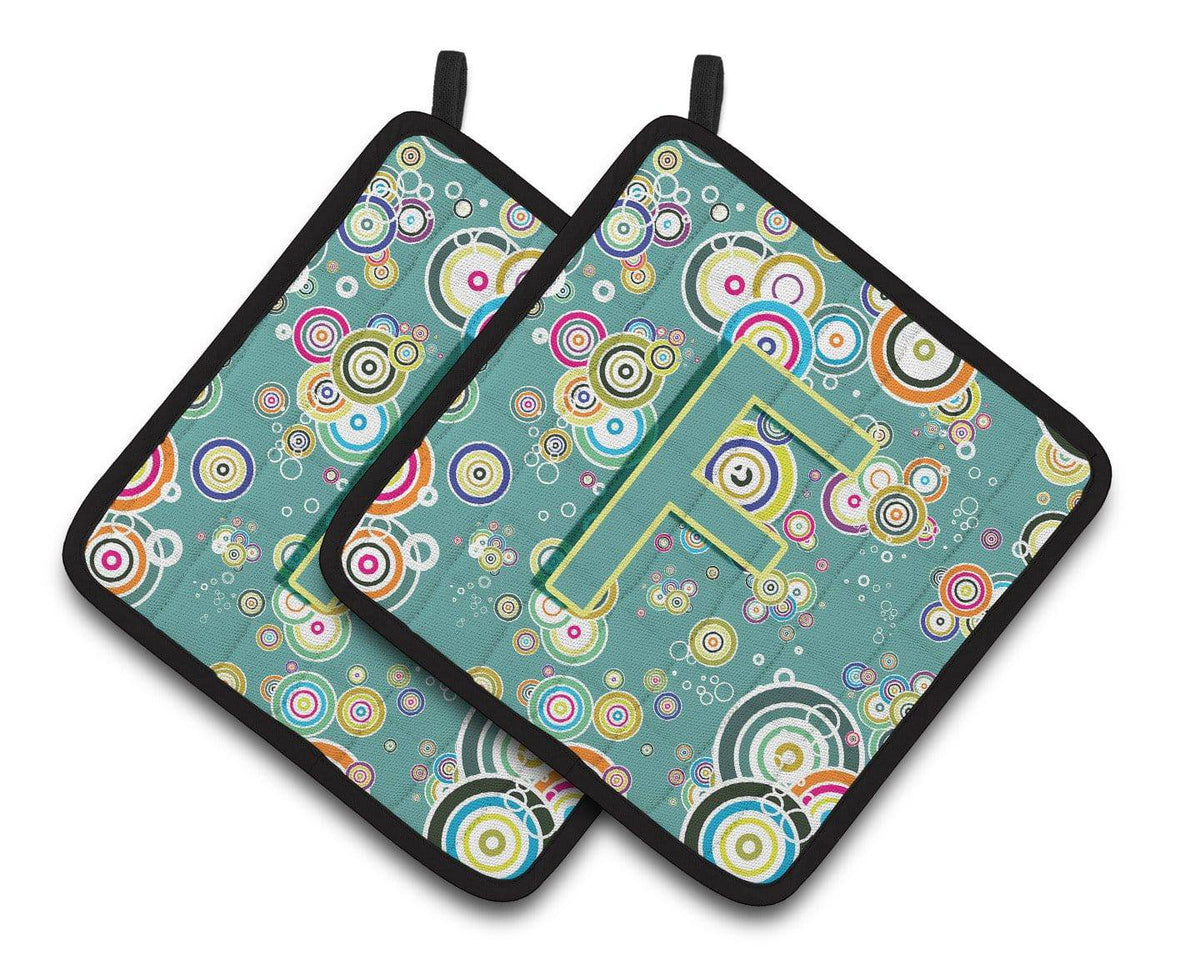 Letter F Circle Circle Teal Initial Alphabet Pair of Pot Holders CJ2015-FPTHD - the-store.com