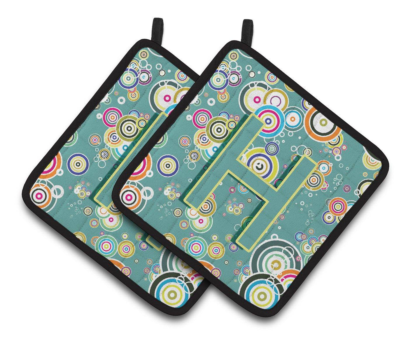 Letter H Circle Circle Teal Initial Alphabet Pair of Pot Holders CJ2015-HPTHD - the-store.com