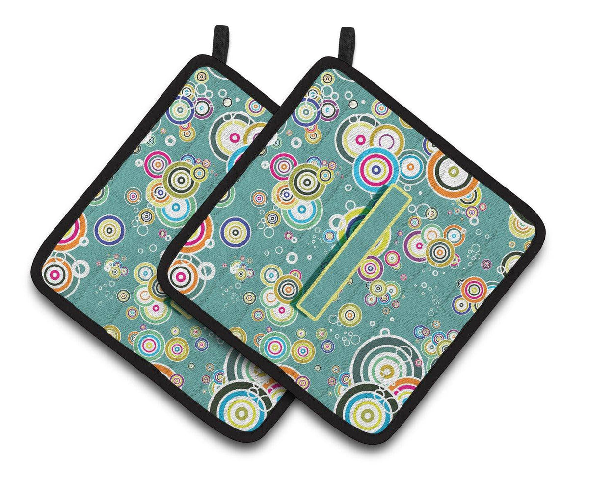 Letter I Circle Circle Teal Initial Alphabet Pair of Pot Holders CJ2015-IPTHD - the-store.com