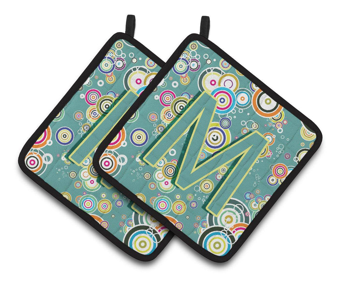 Letter M Circle Circle Teal Initial Alphabet Pair of Pot Holders CJ2015-MPTHD - the-store.com