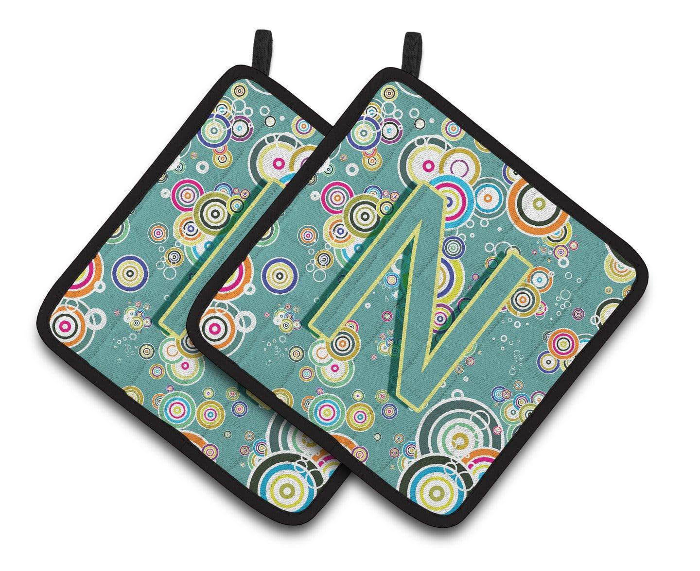 Letter N Circle Circle Teal Initial Alphabet Pair of Pot Holders CJ2015-NPTHD - the-store.com