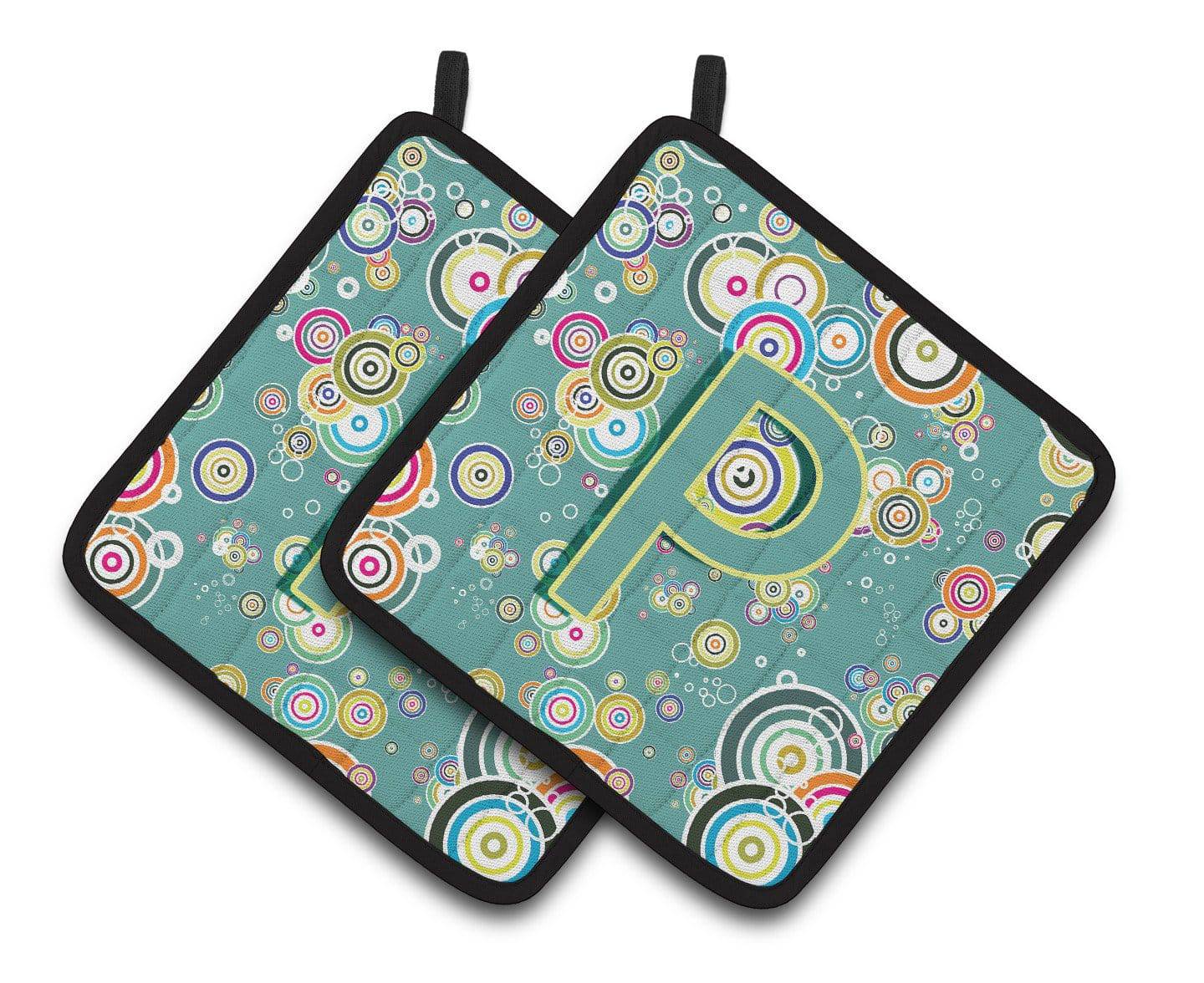 Letter P Circle Circle Teal Initial Alphabet Pair of Pot Holders CJ2015-PPTHD - the-store.com