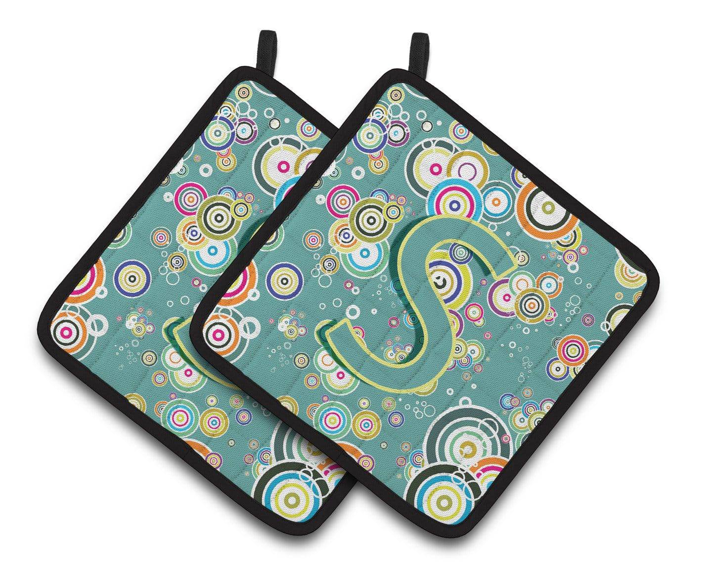 Letter S Circle Circle Teal Initial Alphabet Pair of Pot Holders CJ2015-SPTHD - the-store.com