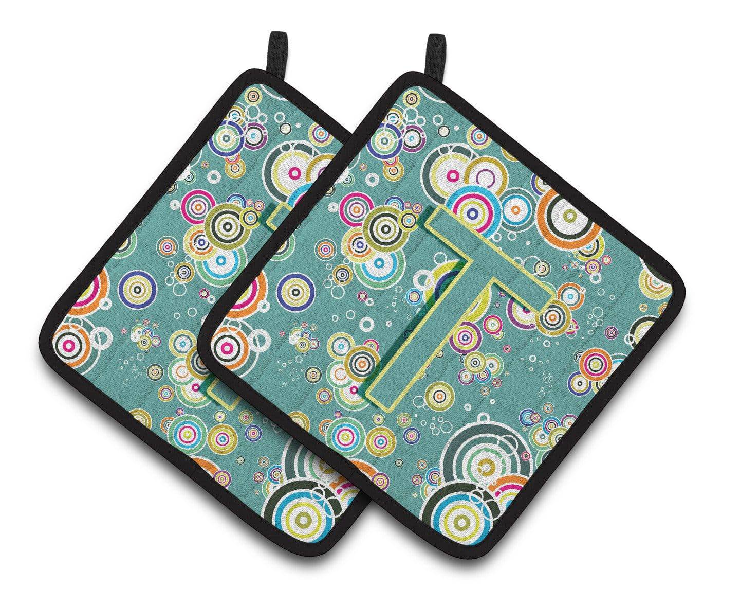 Letter T Circle Circle Teal Initial Alphabet Pair of Pot Holders CJ2015-TPTHD - the-store.com