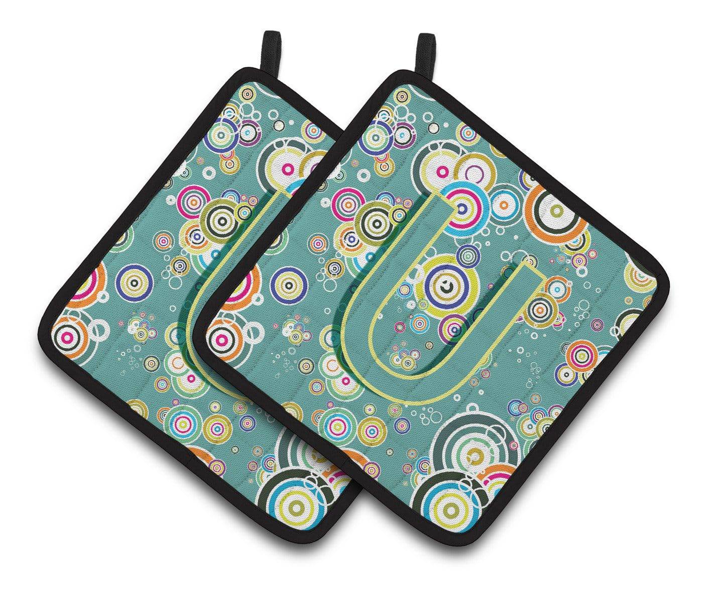 Letter U Circle Circle Teal Initial Alphabet Pair of Pot Holders CJ2015-UPTHD - the-store.com