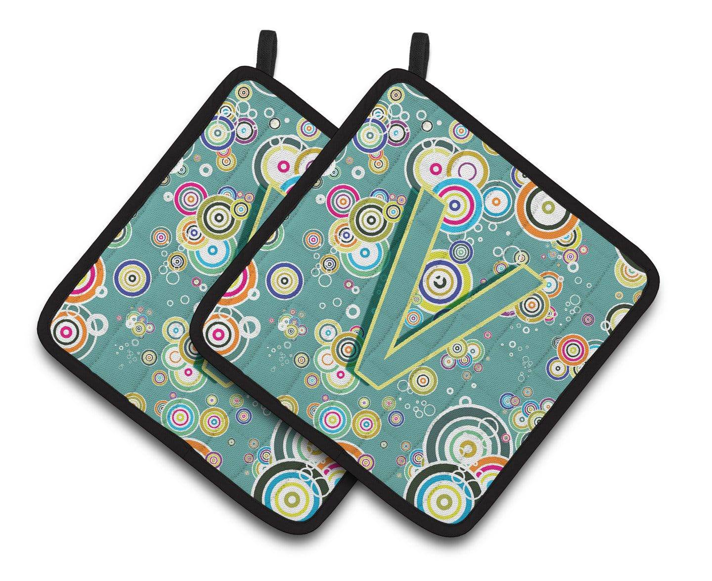 Letter V Circle Circle Teal Initial Alphabet Pair of Pot Holders CJ2015-VPTHD - the-store.com