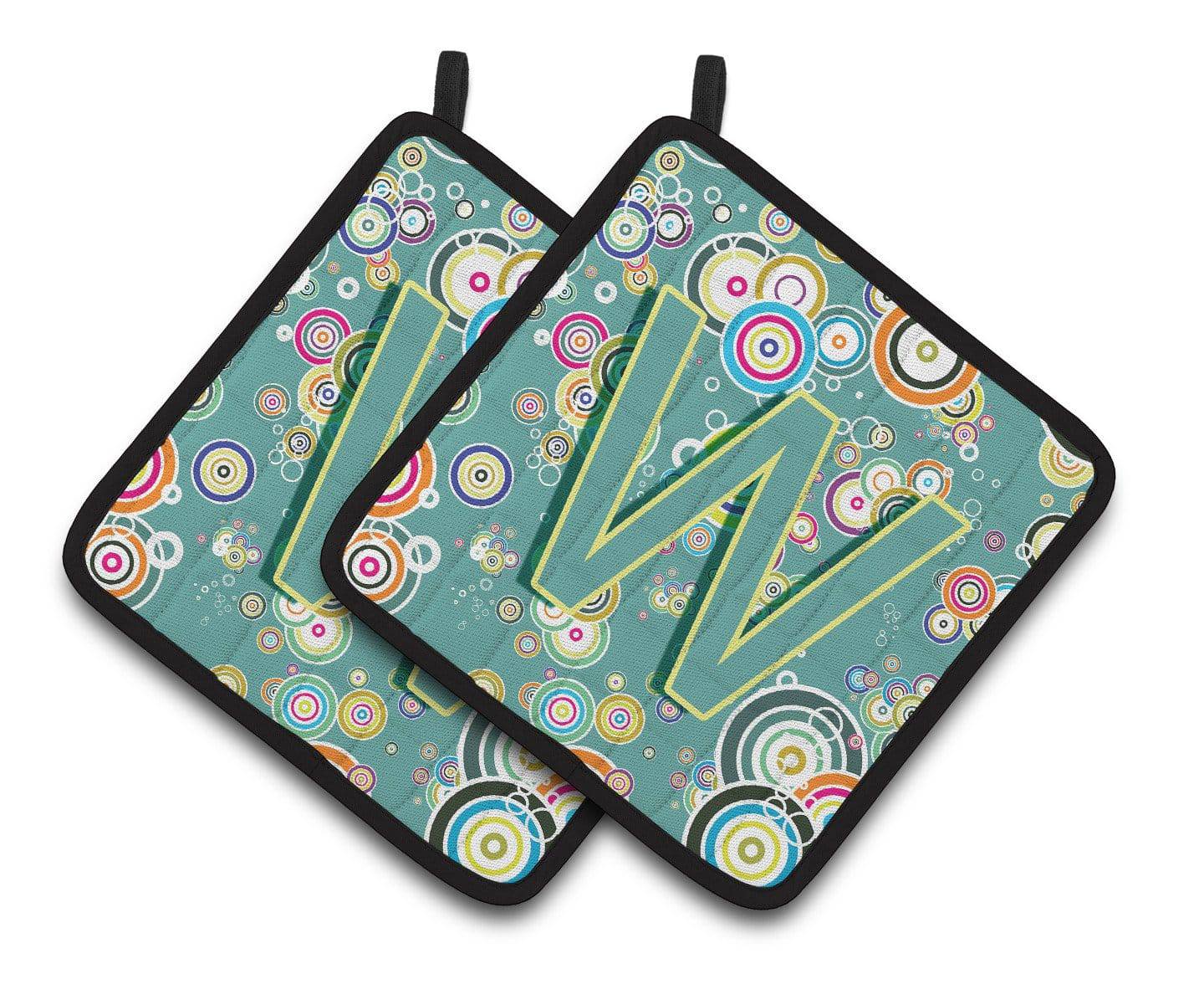 Letter W Circle Circle Teal Initial Alphabet Pair of Pot Holders CJ2015-WPTHD - the-store.com