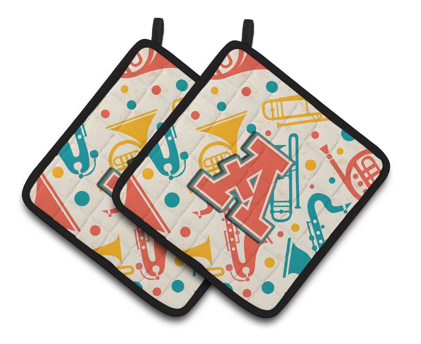 Letter A Retro Teal Orange Musical Instruments Initial Pair of Pot Holders CJ2001-APTHD - the-store.com