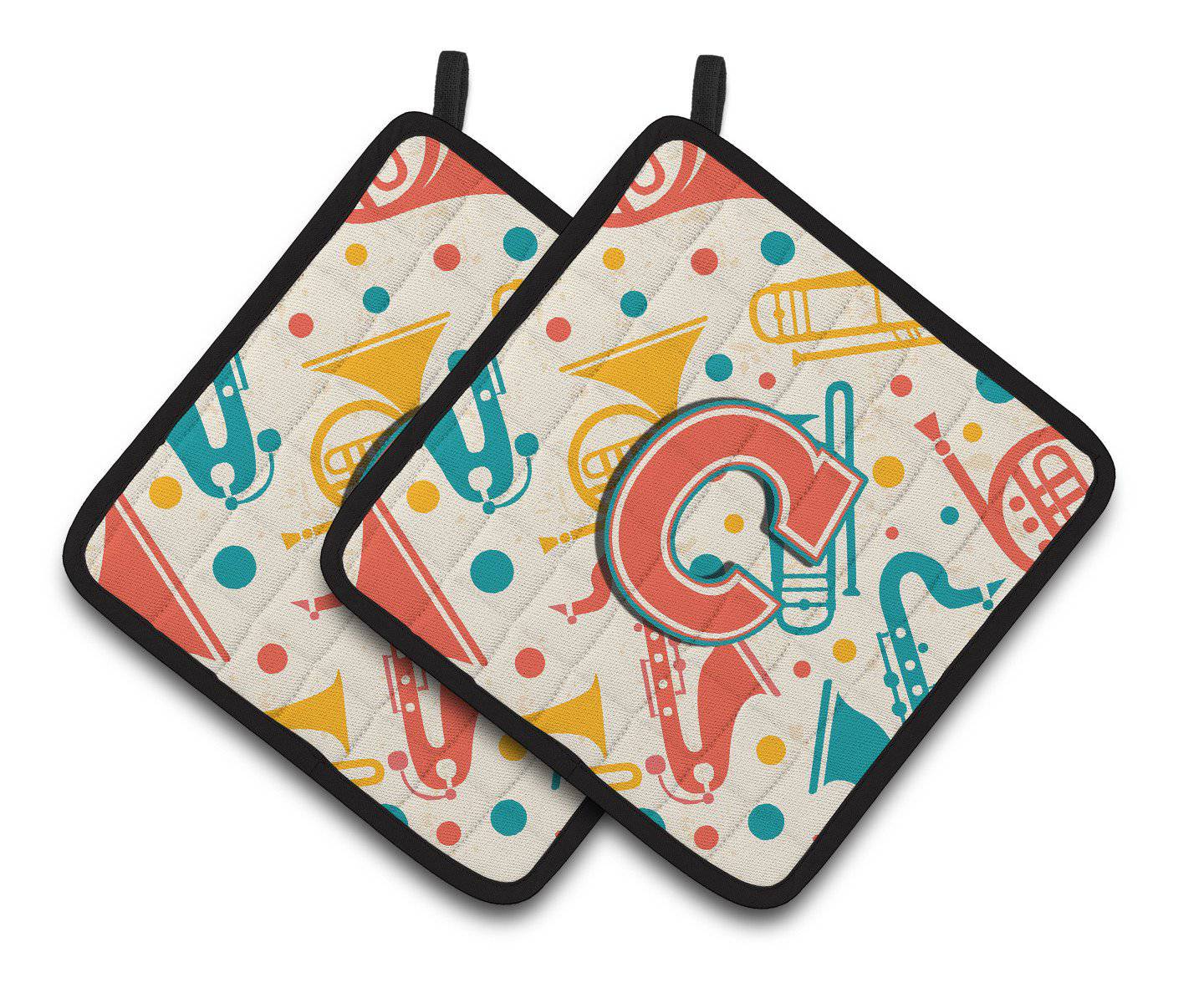Letter C Retro Teal Orange Musical Instruments Initial Pair of Pot Holders CJ2001-CPTHD - the-store.com