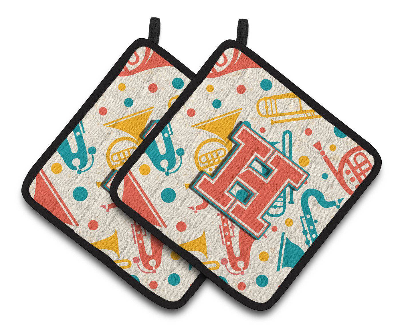 Letter H Retro Teal Orange Musical Instruments Initial Pair of Pot Holders CJ2001-HPTHD - the-store.com