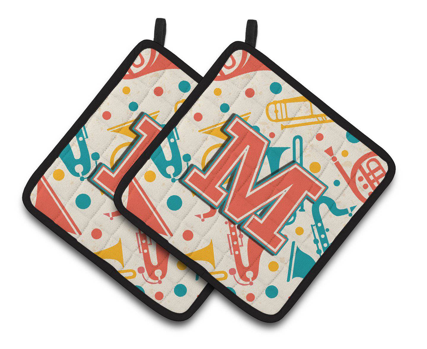 Letter M Retro Teal Orange Musical Instruments Initial Pair of Pot Holders CJ2001-MPTHD - the-store.com