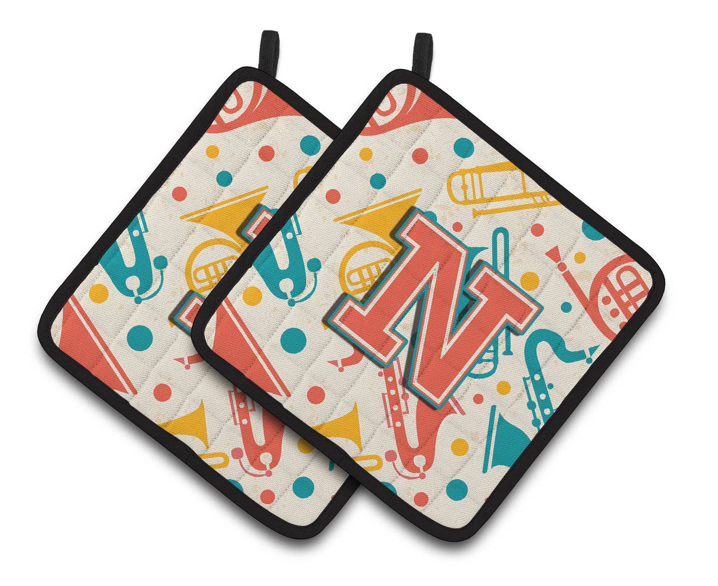 Letter N Retro Teal Orange Musical Instruments Initial Pair of Pot Holders CJ2001-NPTHD - the-store.com