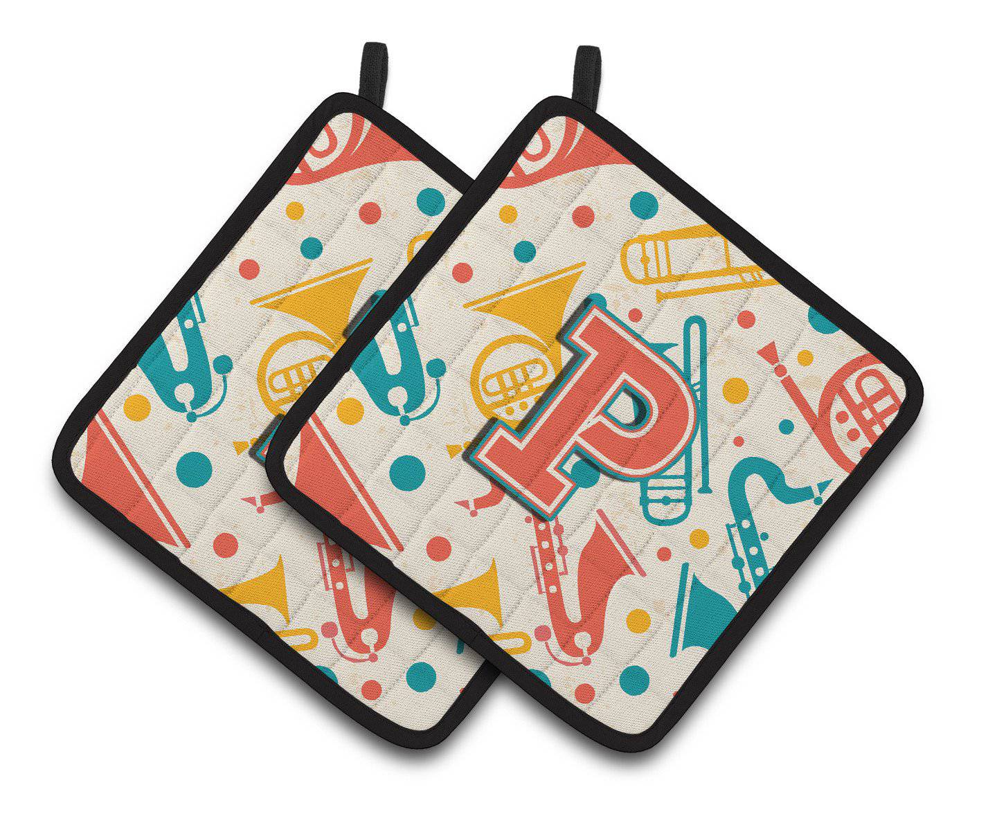 Letter P Retro Teal Orange Musical Instruments Initial Pair of Pot Holders CJ2001-PPTHD - the-store.com
