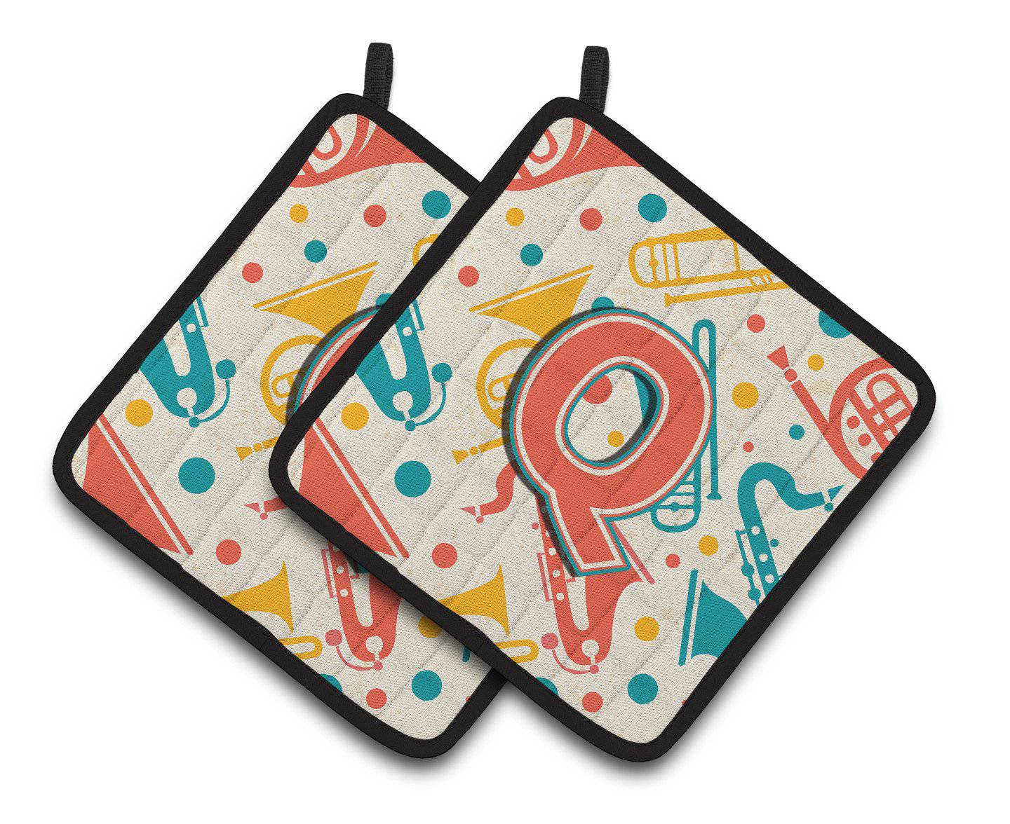 Letter Q Retro Teal Orange Musical Instruments Initial Pair of Pot Holders CJ2001-QPTHD - the-store.com