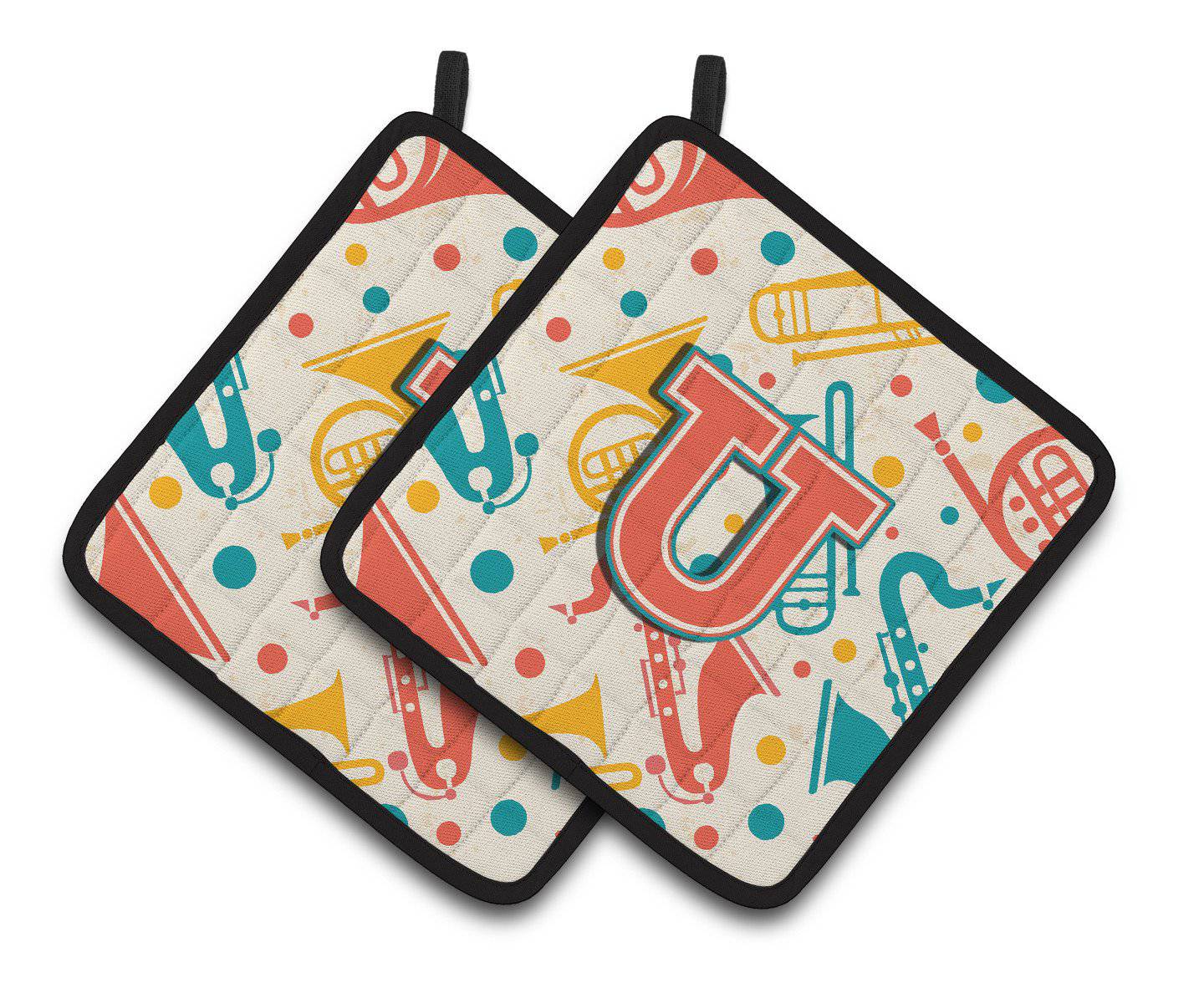 Letter U Retro Teal Orange Musical Instruments Initial Pair of Pot Holders CJ2001-UPTHD - the-store.com