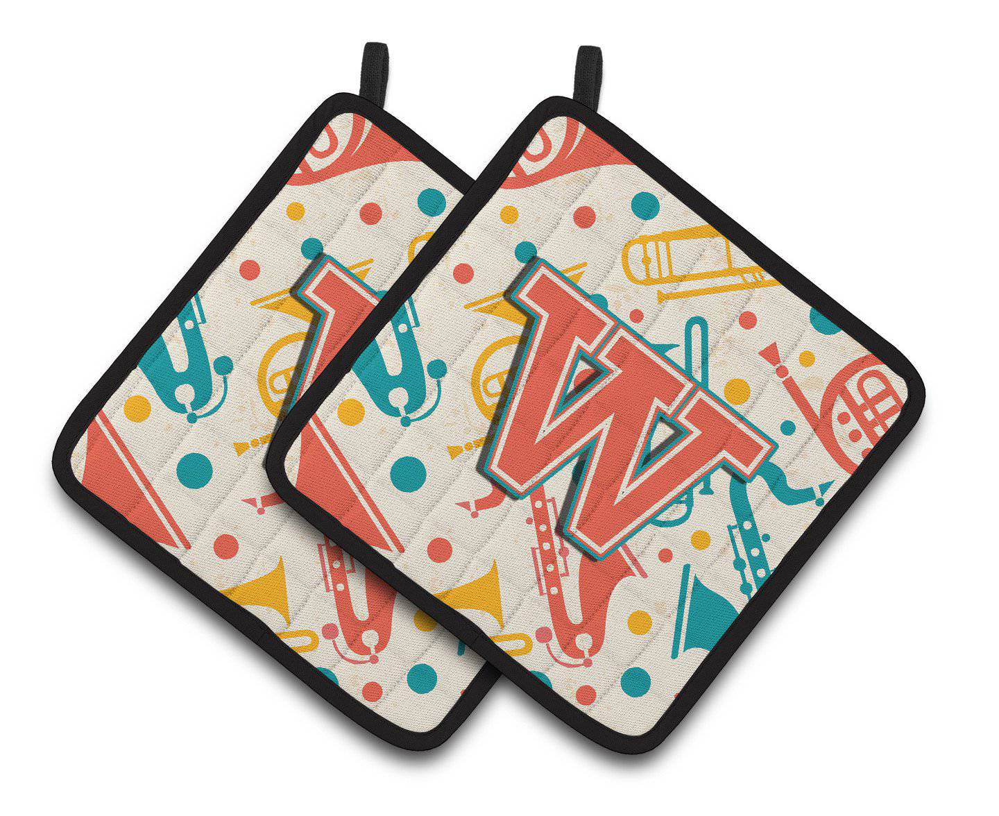 Letter W Retro Teal Orange Musical Instruments Initial Pair of Pot Holders CJ2001-WPTHD - the-store.com