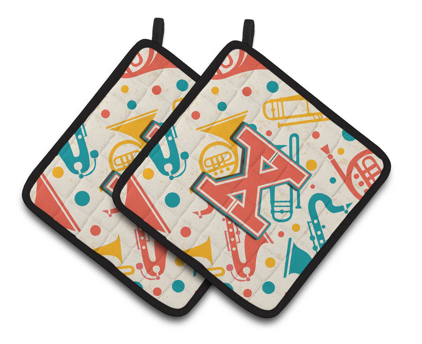 Letter X Retro Teal Orange Musical Instruments Initial Pair of Pot Holders CJ2001-XPTHD - the-store.com