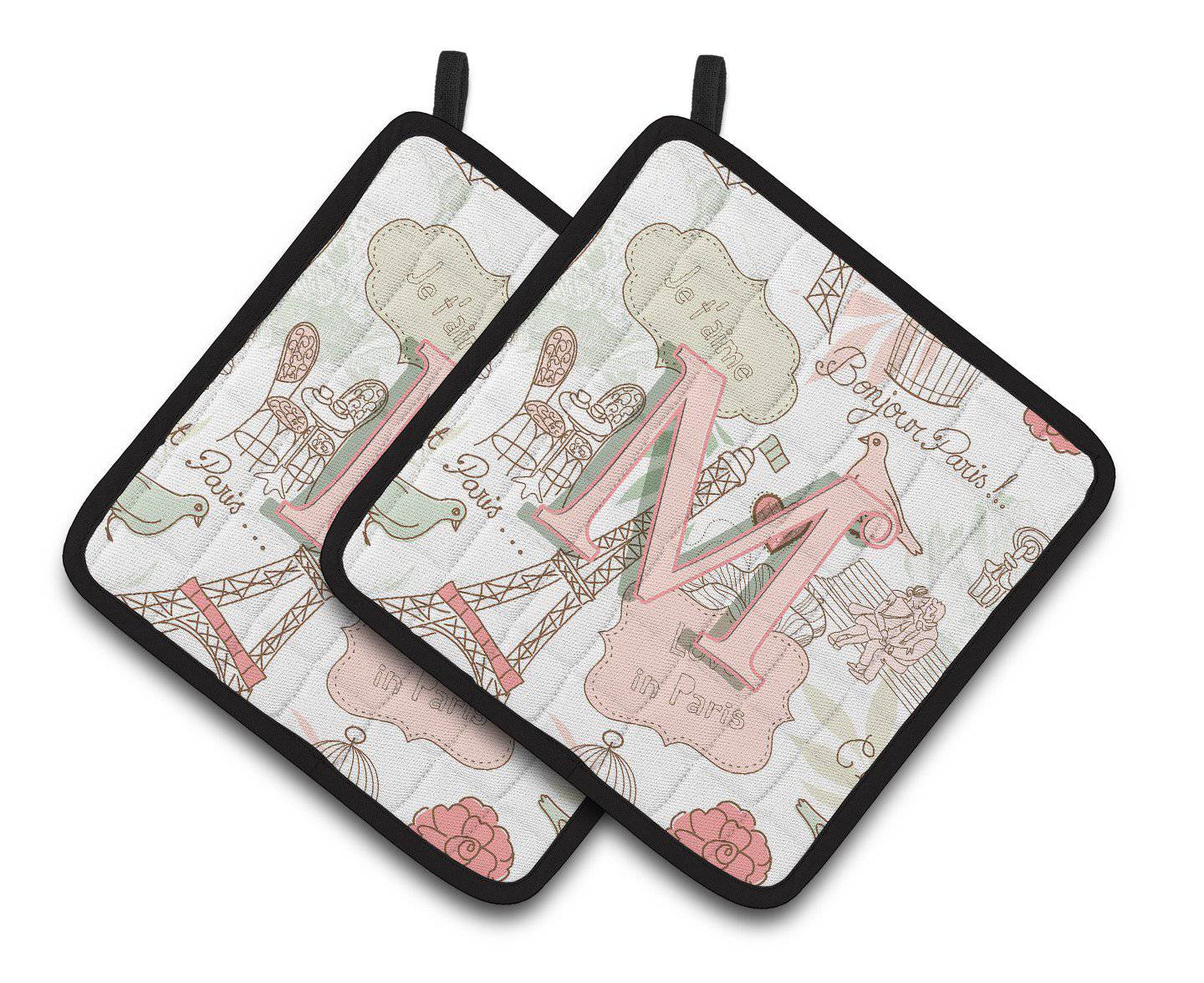Letter M Love in Paris Pink Pair of Pot Holders CJ2002-MPTHD - the-store.com