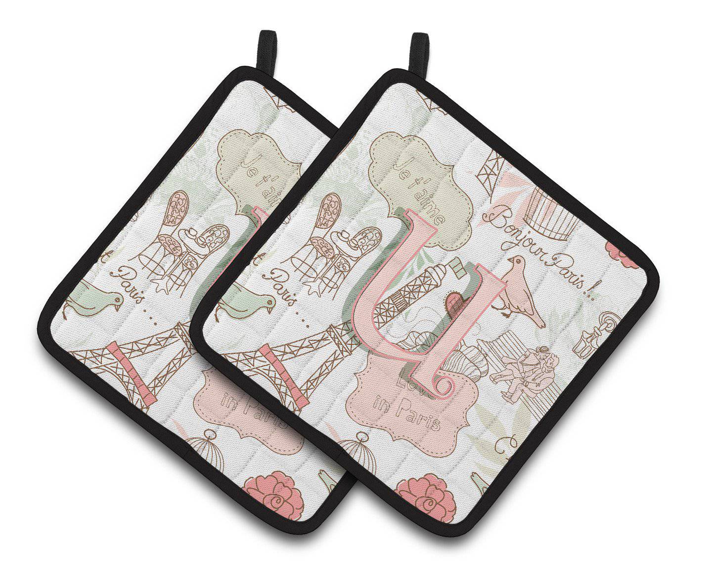 Letter U Love in Paris Pink Pair of Pot Holders CJ2002-UPTHD - the-store.com