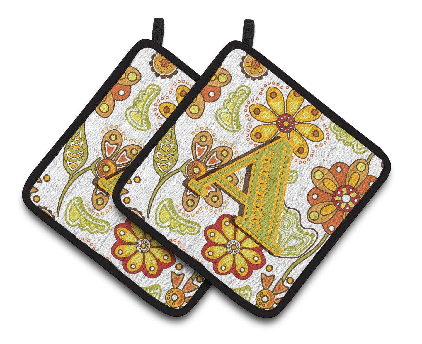Letter A Floral Mustard and Green Pair of Pot Holders CJ2003-APTHD - the-store.com