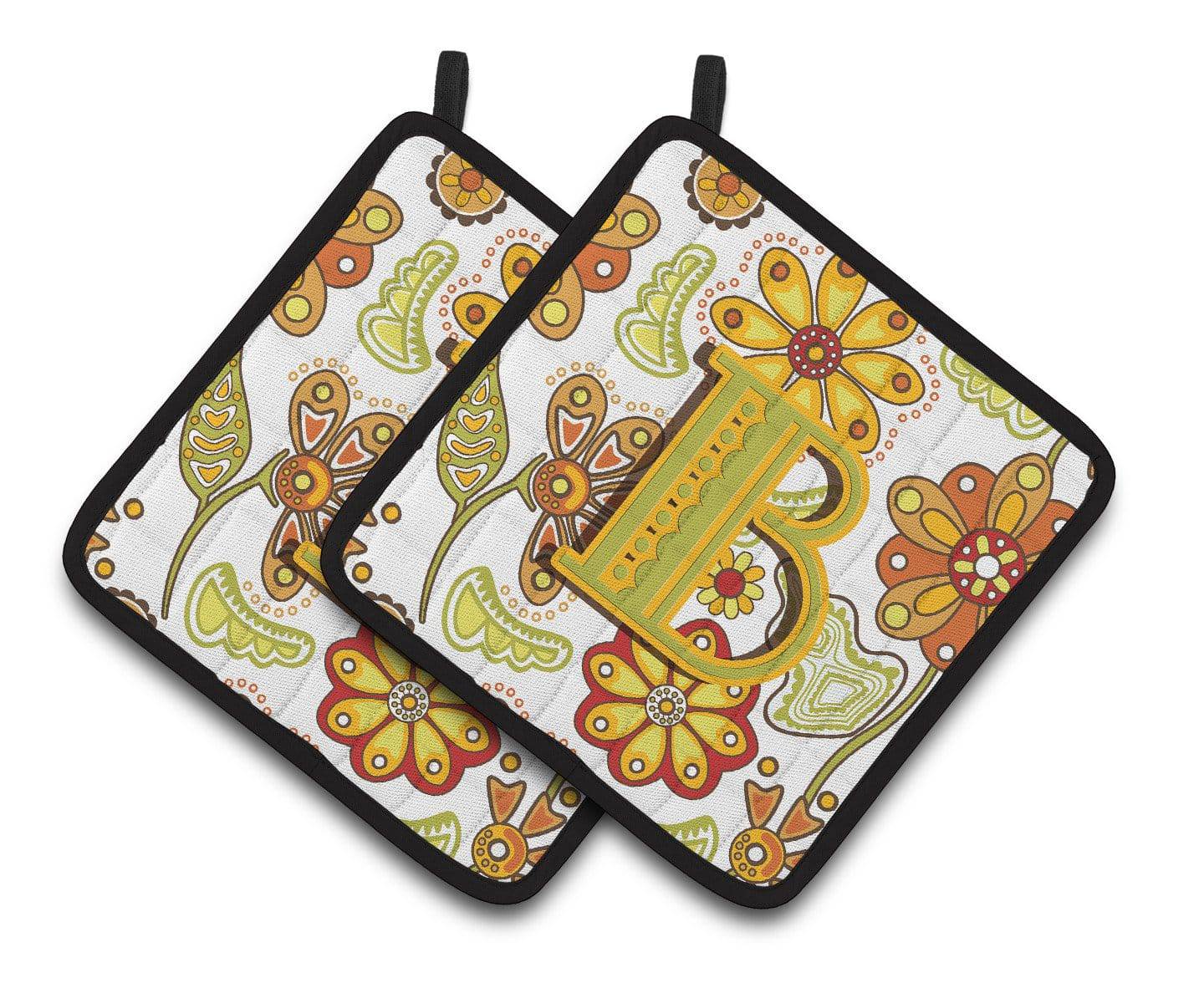 Letter B Floral Mustard and Green Pair of Pot Holders CJ2003-BPTHD - the-store.com