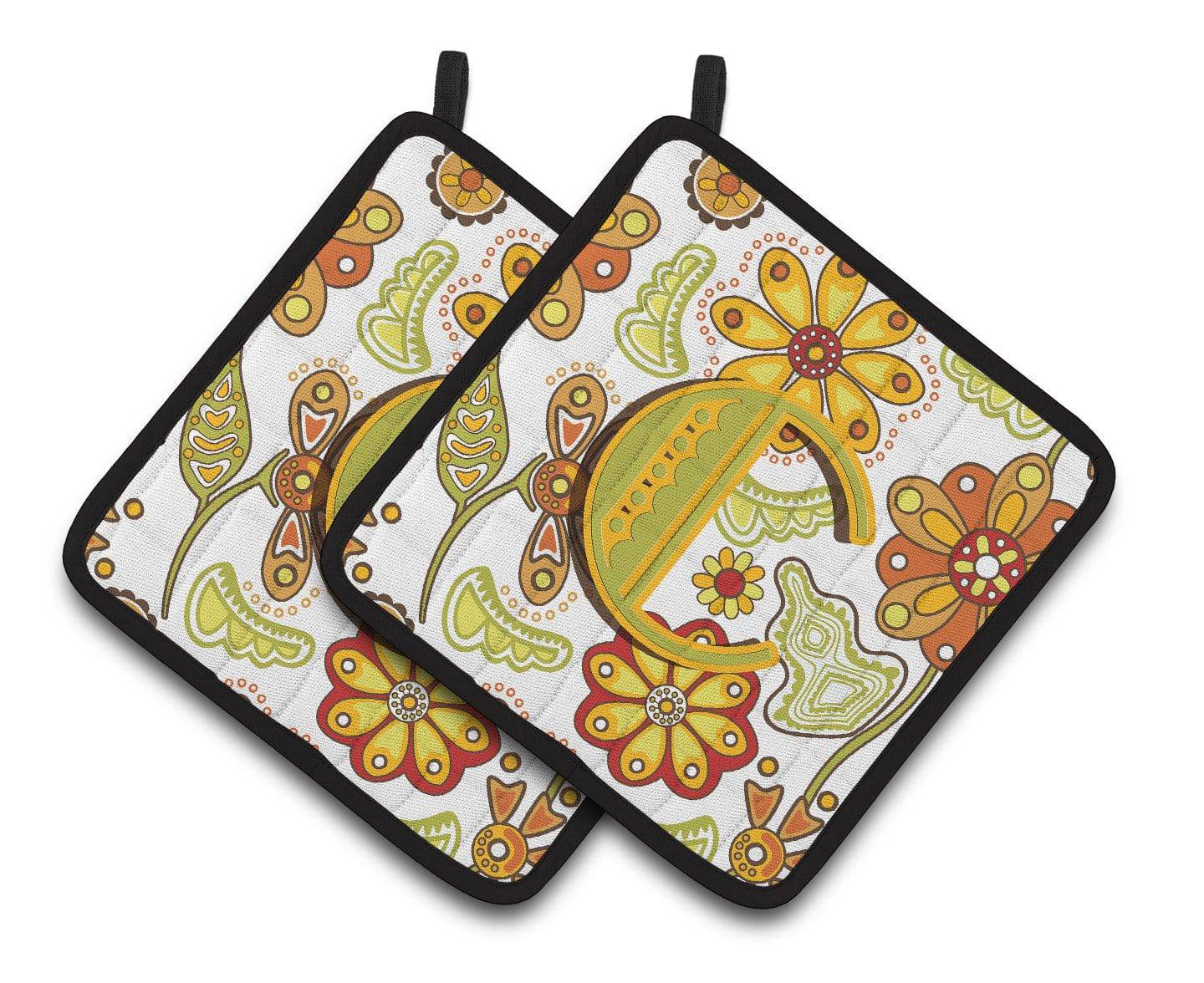 Letter C Floral Mustard and Green Pair of Pot Holders CJ2003-CPTHD - the-store.com